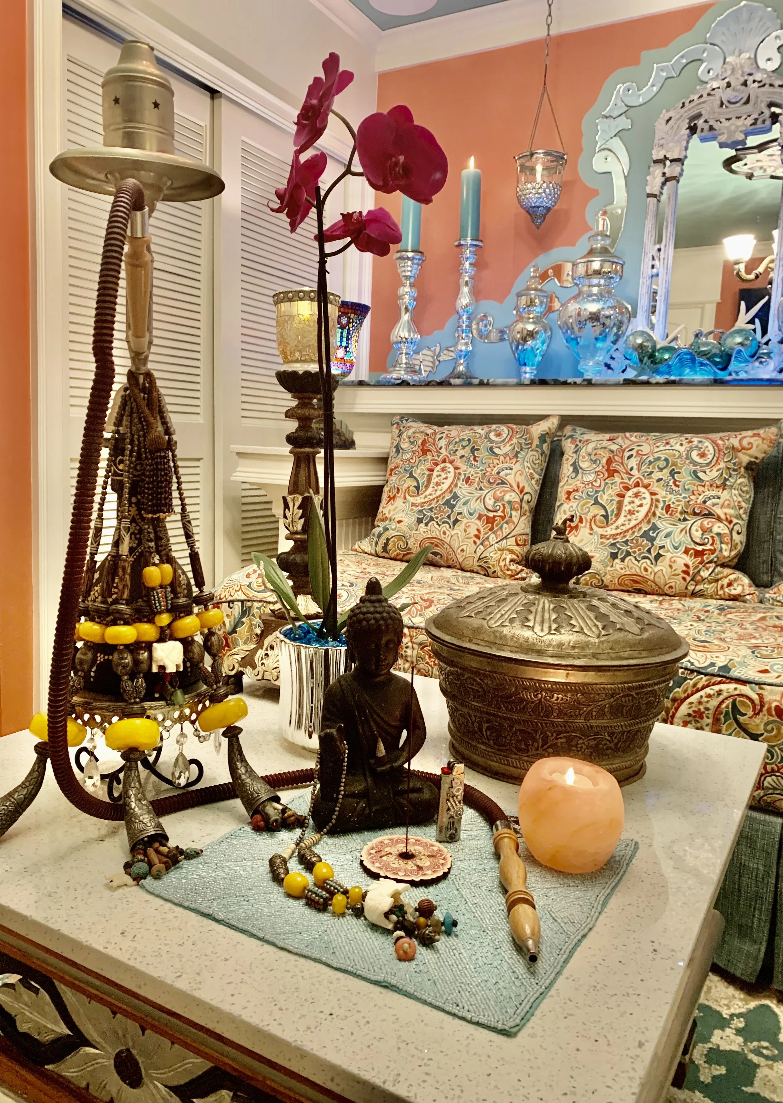 Colorful Mediterranean media room coffee table with hookah pipe in Fort Lauderdale