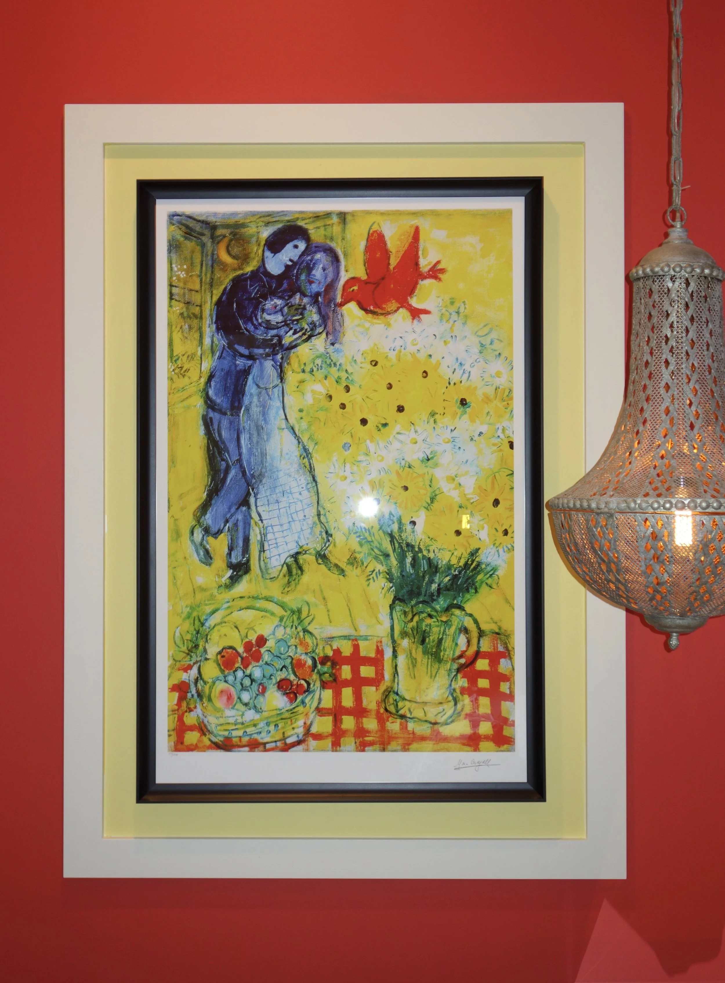 chagall artwork in modern red bedroom in Fort Lauderdale, Las Olas Blvd