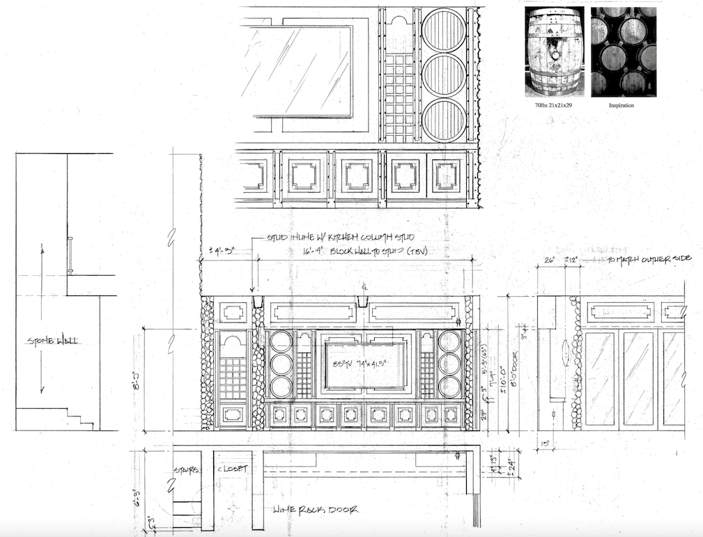 drawing of custom cabinetry wall unit with wine barrels, TV, wine racks and hidden door to wine room