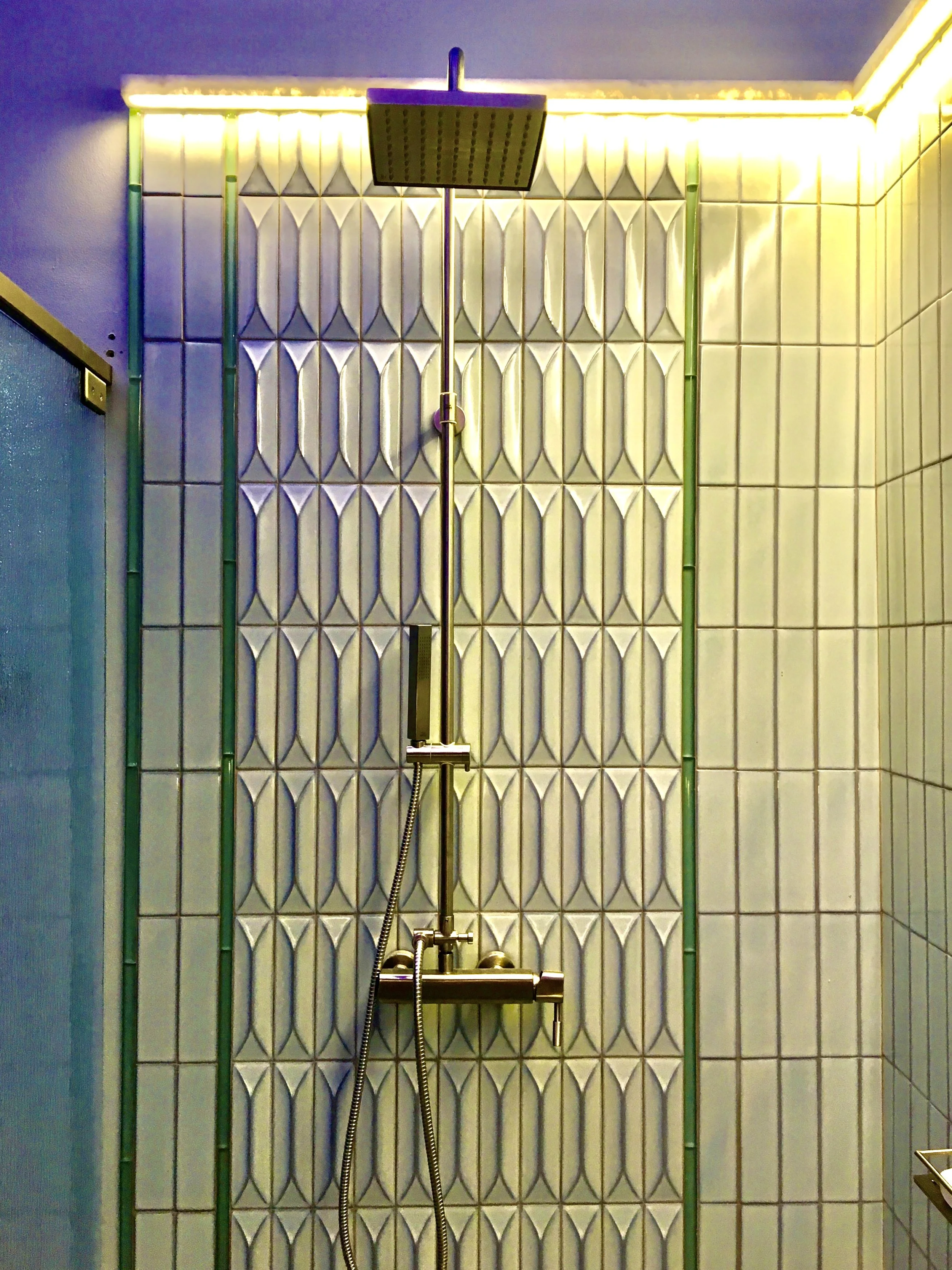 modern luxury tile outdoor shower with LED lighting