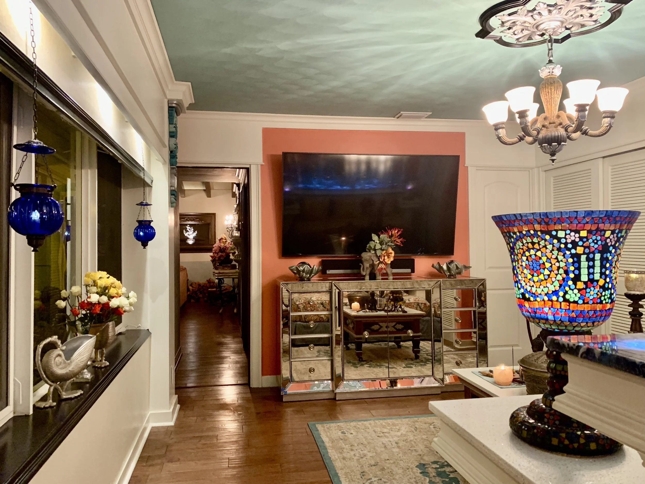 Modern Mediterranean colorful media room in Fort Lauderdale