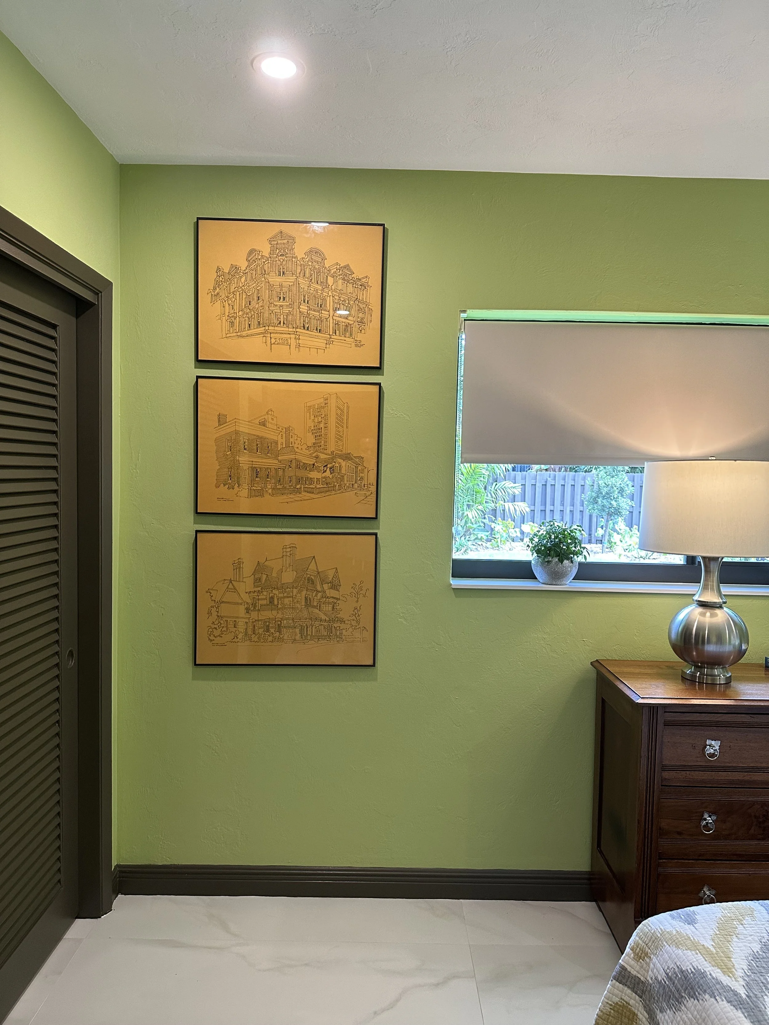 Modern Tropical, lime green bedroom with brown moldings in Fort Lauderdale