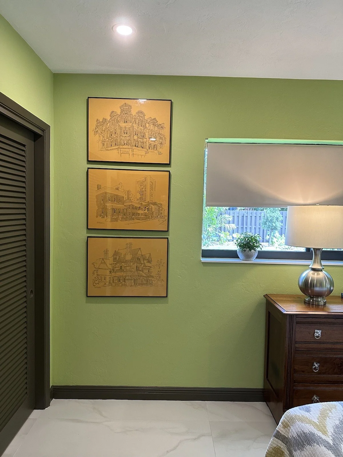 Modern Tropical, lime green bedroom with brown moldings