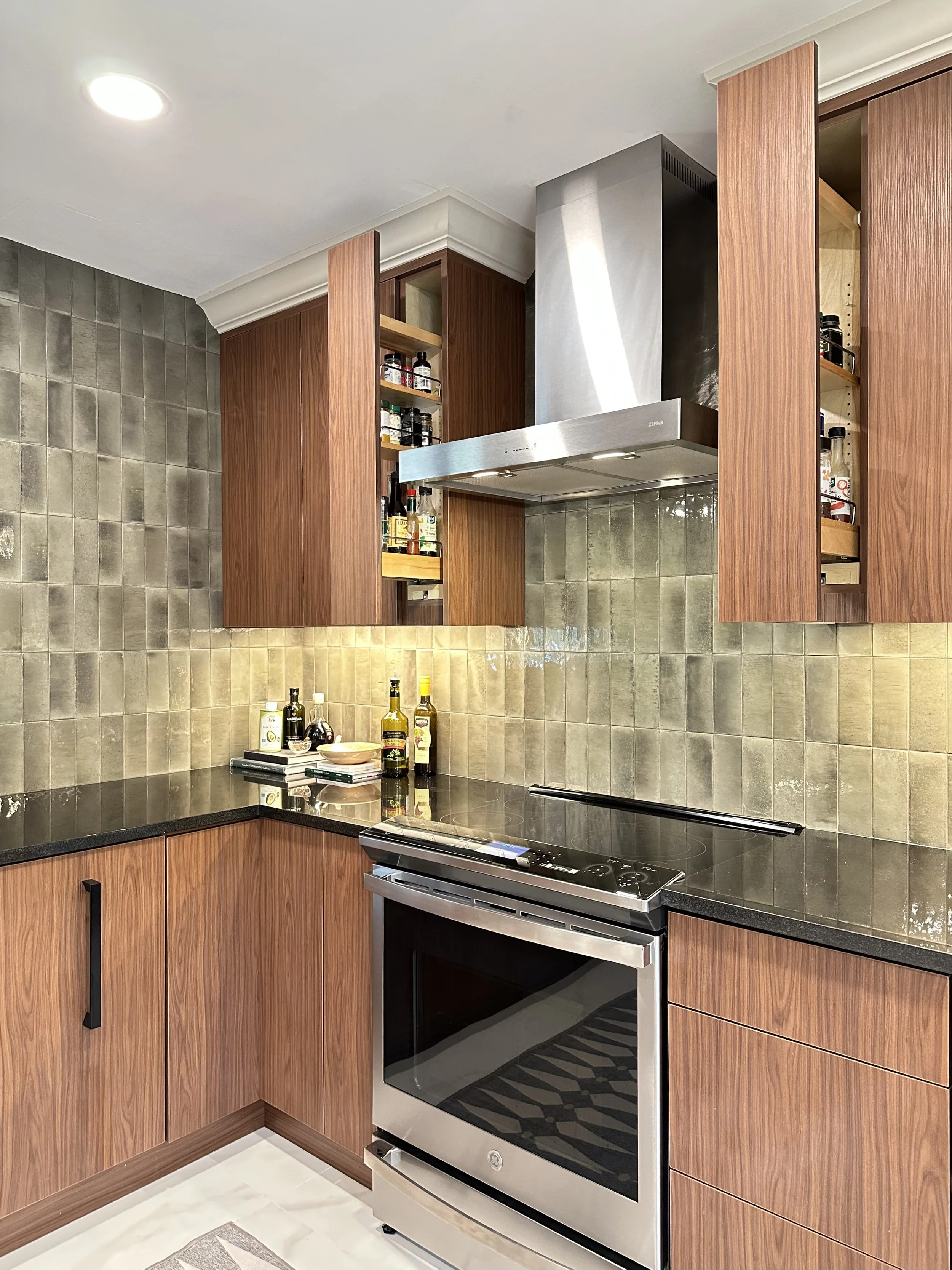 modern kitchen remodel with custom pull-out spice racks