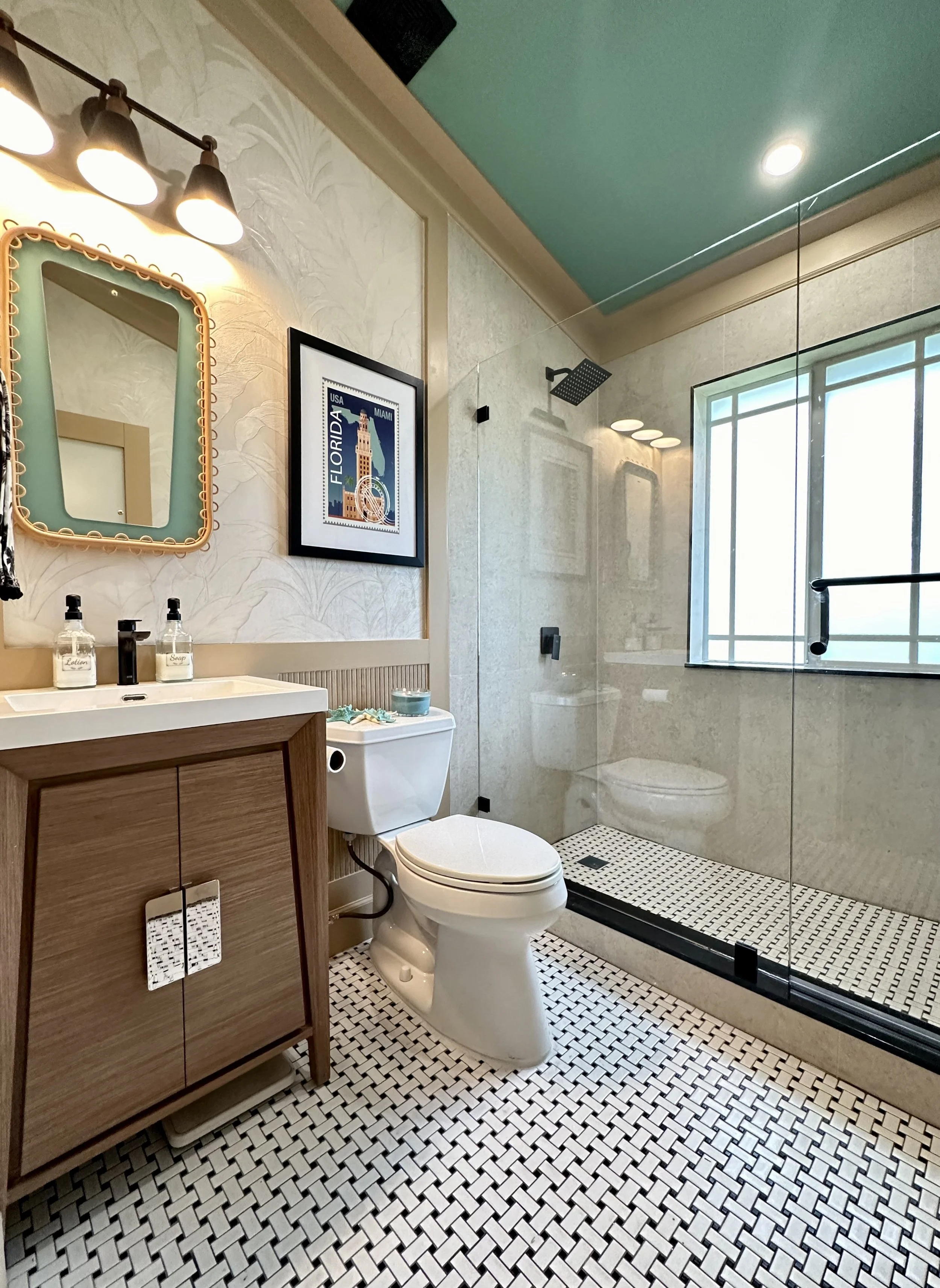 coastal bathroom remodel with teal ceiling in Fort Lauderdale