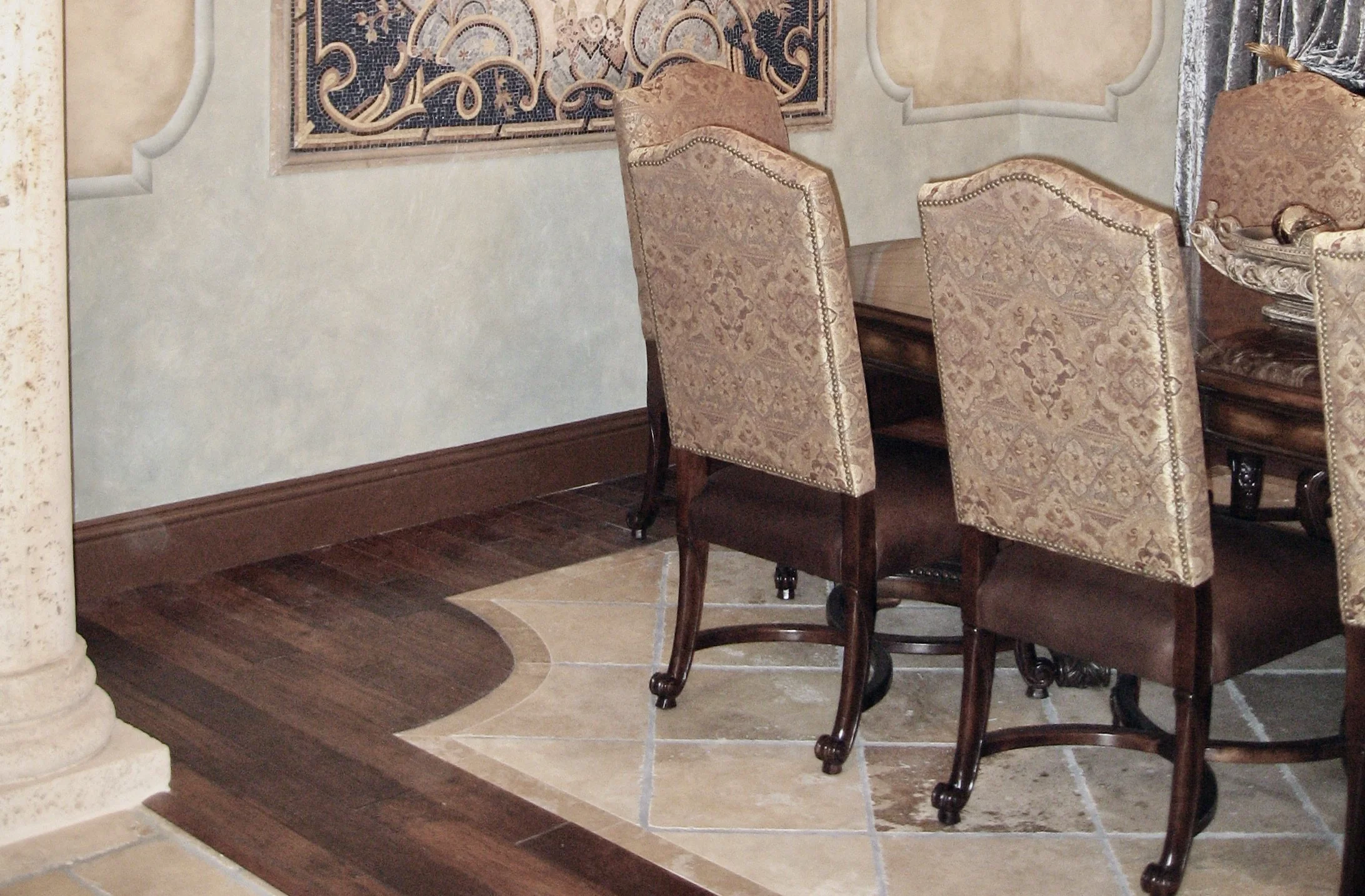 Mediterranean architecture with luxury wood flooring with stone inlay in Windmill Ranches, Weston