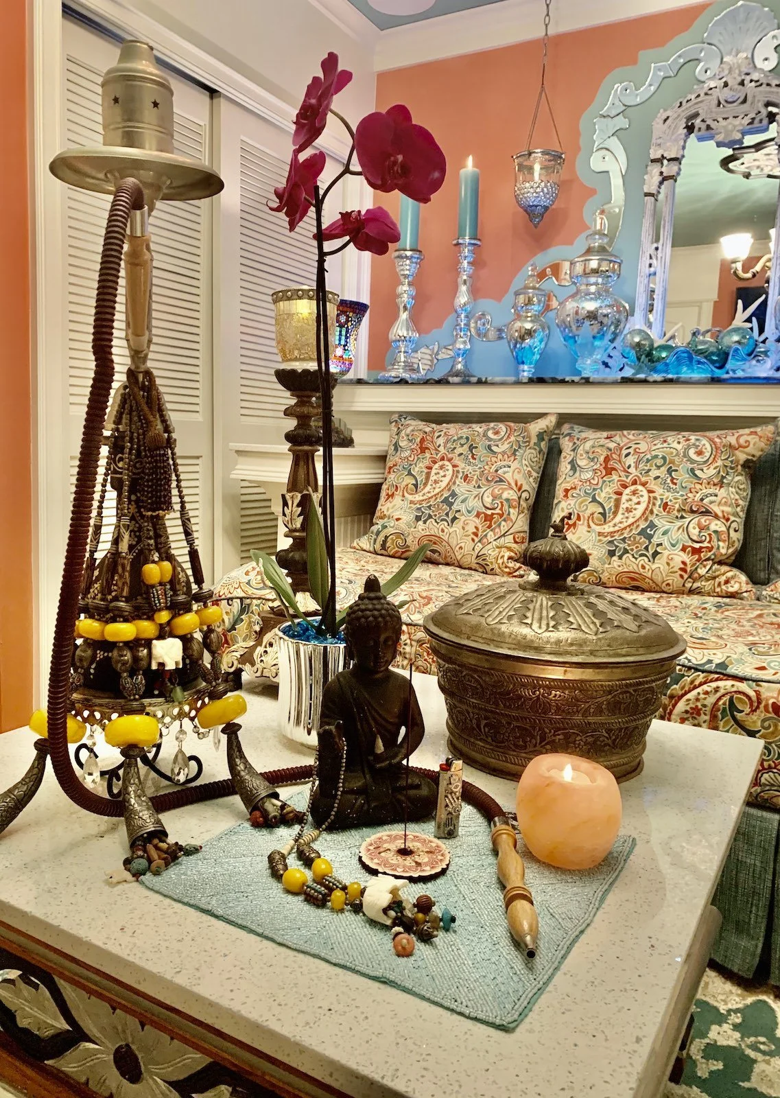 Colorful Mediterranean media room coffee table with hookah pipe