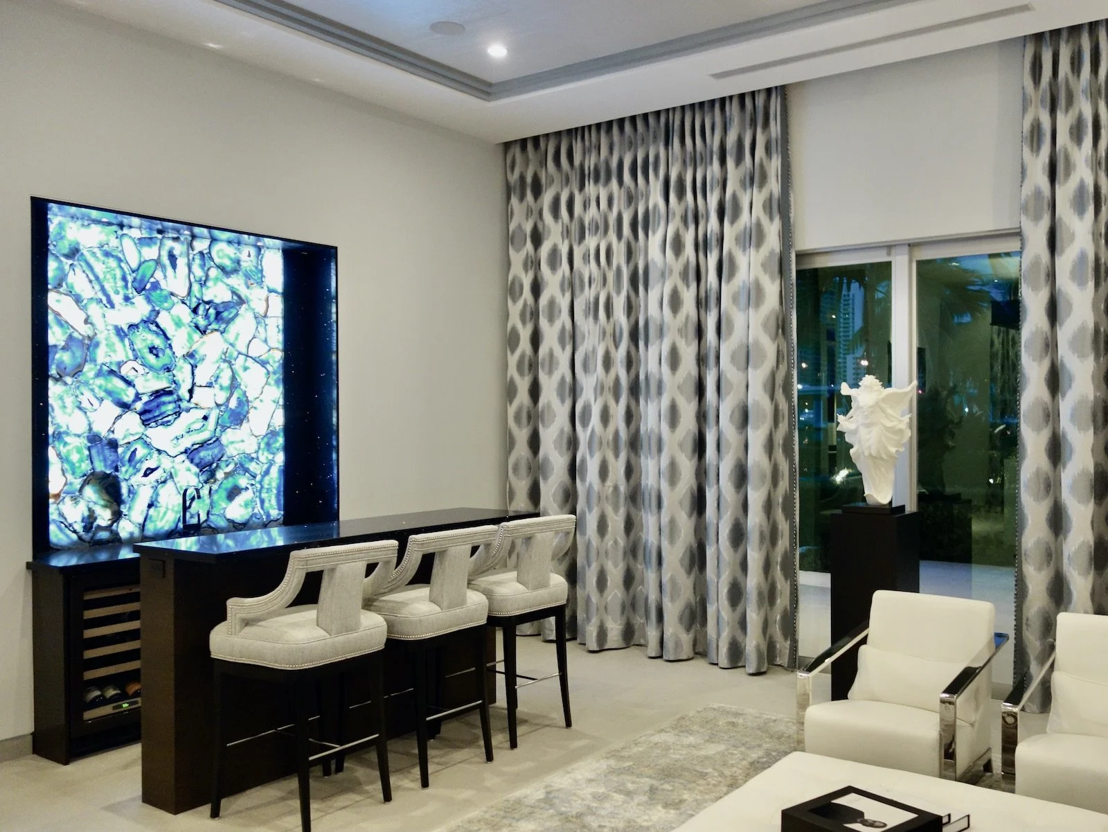 modern living room bar with LED light blue agate bar