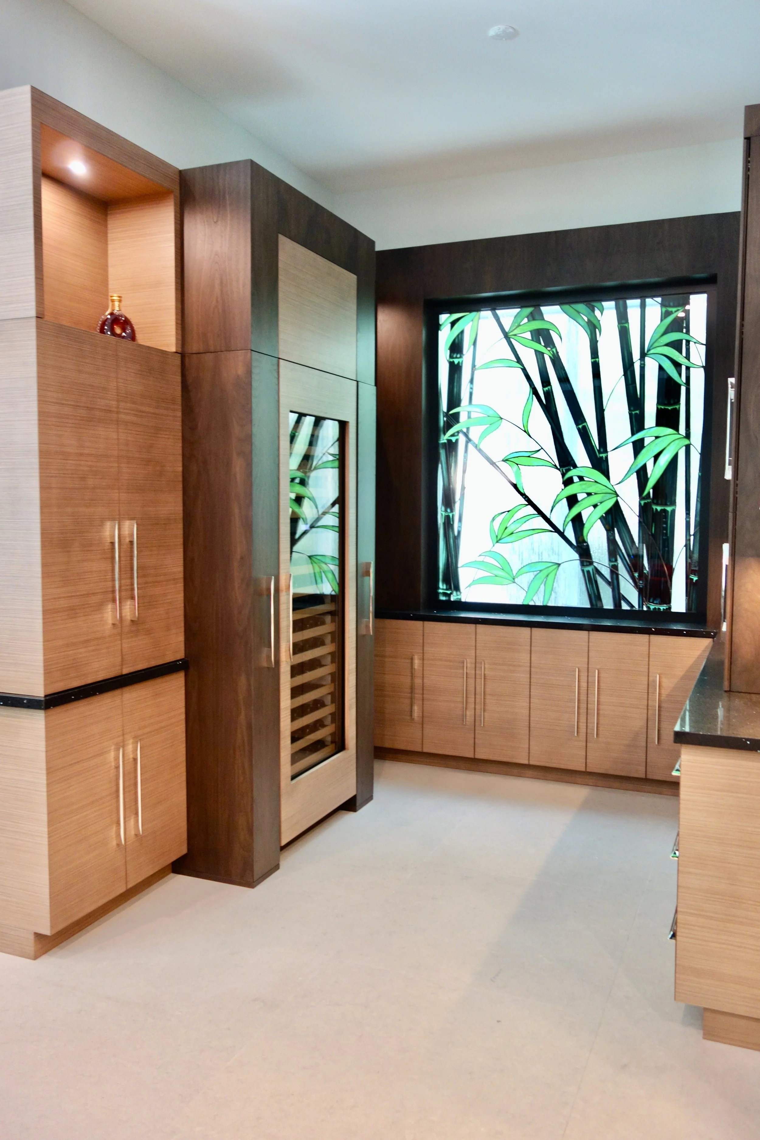 modern home bar with wine, coffee, and bamboo stain glass