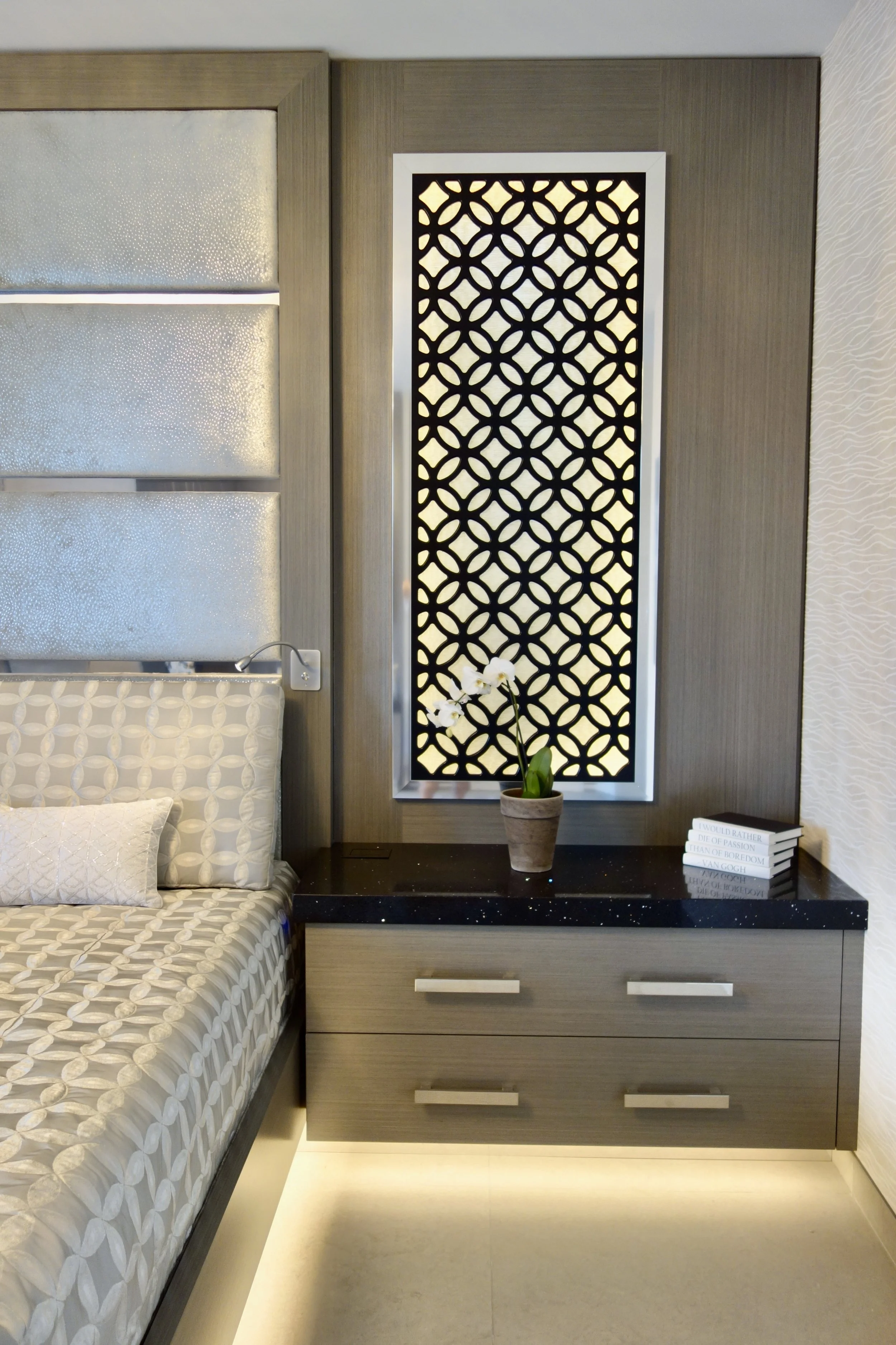 modern bedroom with custom window panel with LED lights in Fort Lauderdale