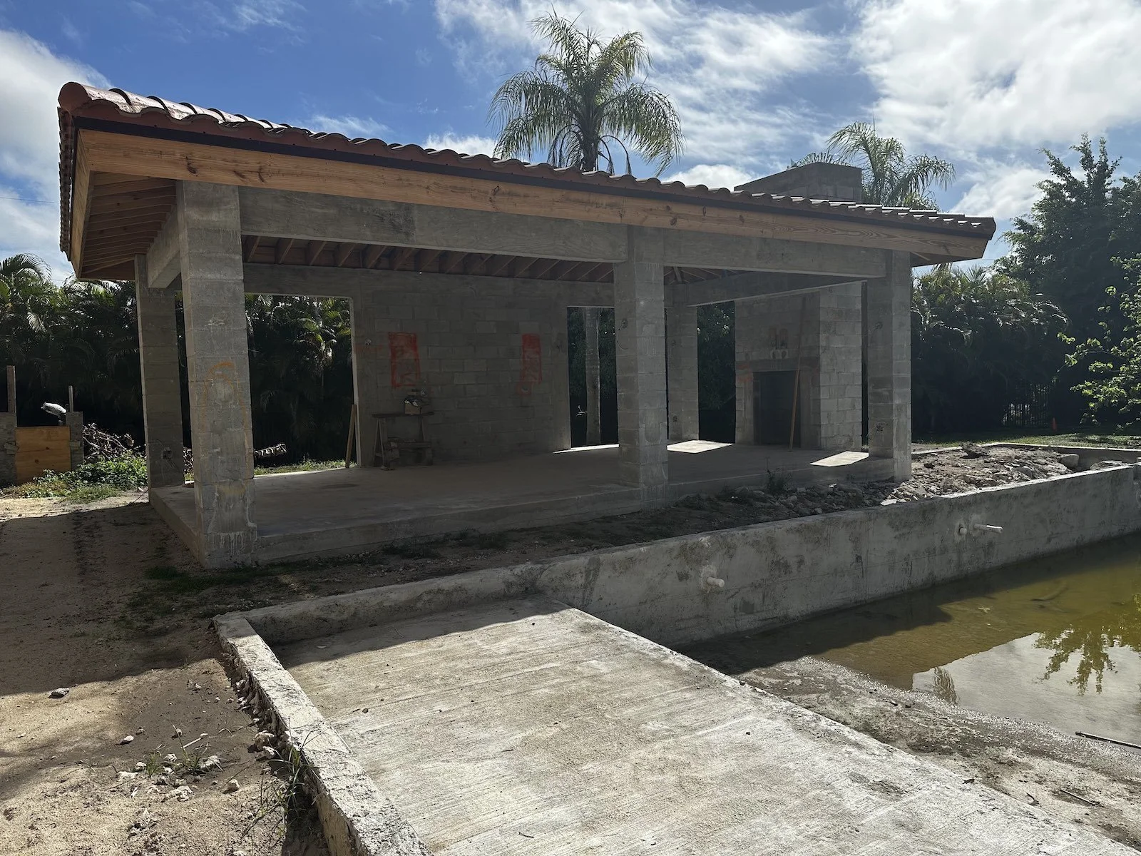 design-build of old world Mediterranean pool pavilion under construction