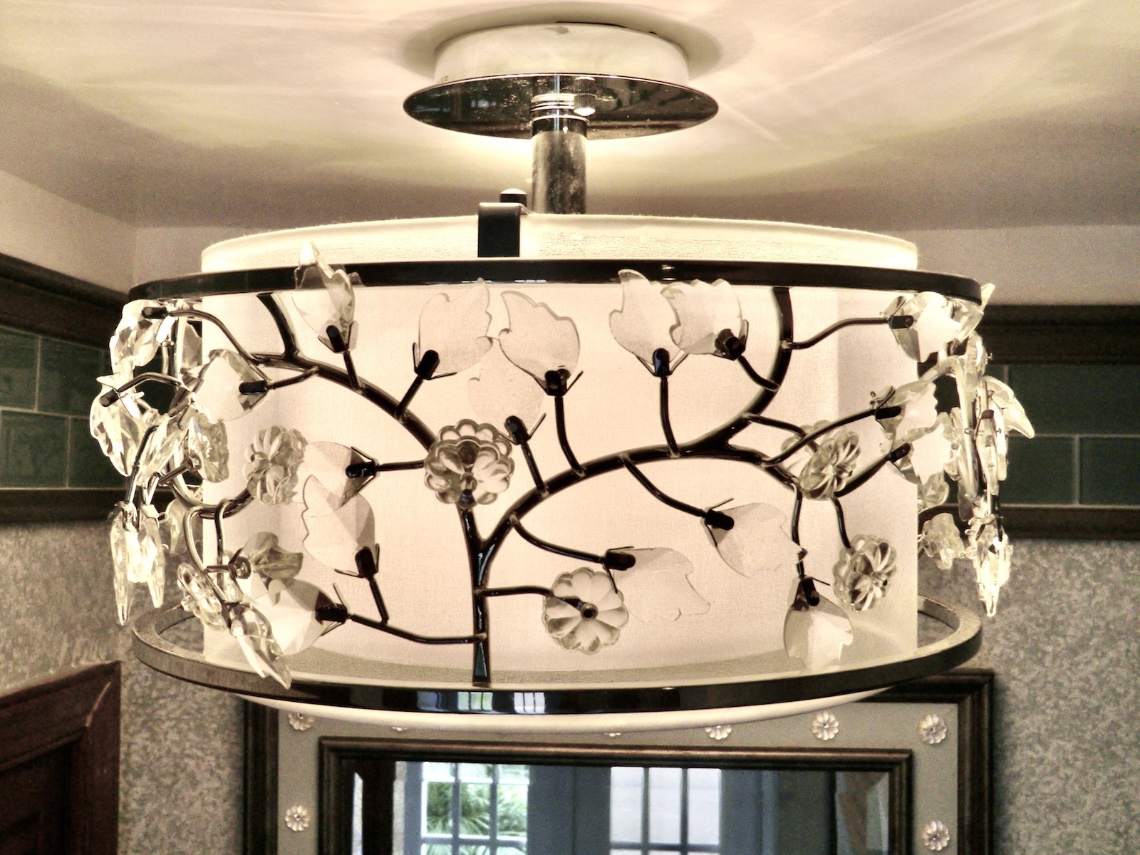 Custom bathroom ceiling light with chrome branches and Swarovski crystal flowers