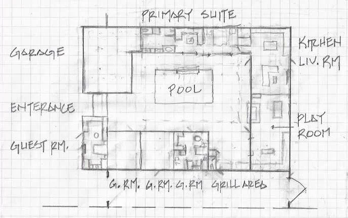Client's initial custom home floor plan sketch for a Fort Lauderdale residence centered around a pool