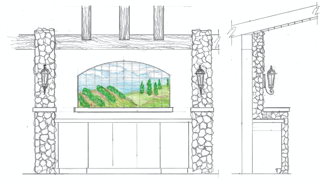 Drawing of a stone bar with arch and mural