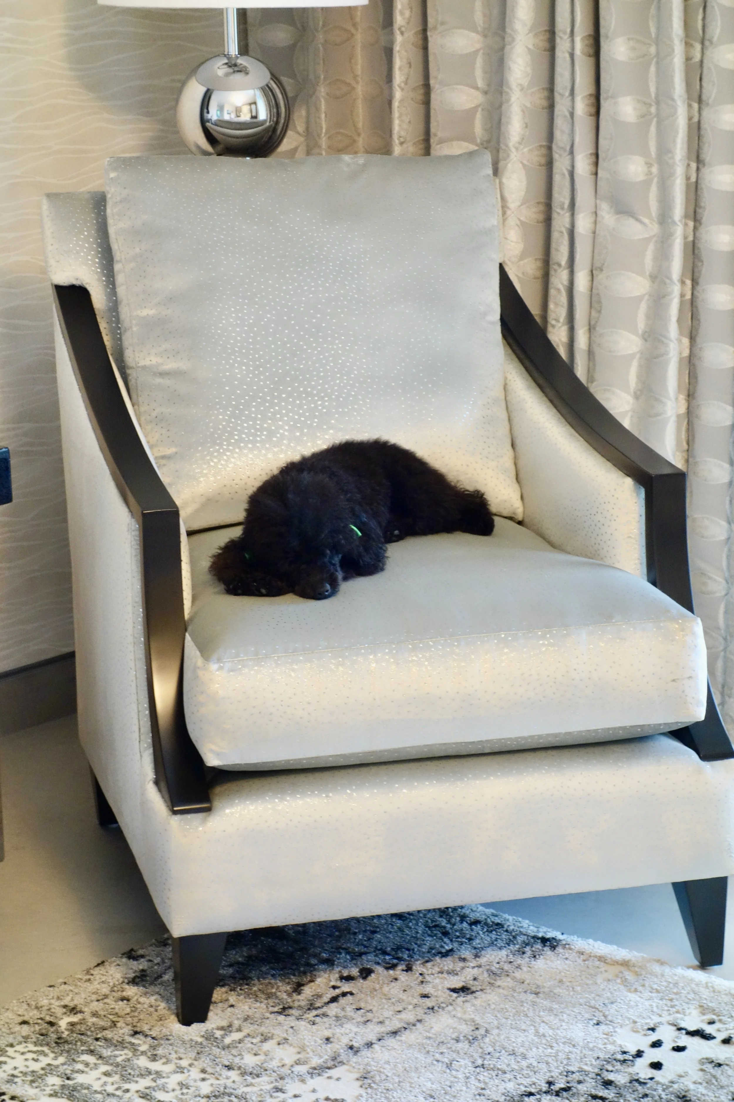 luxury custom made chair with off white silver fabric on Las Olas