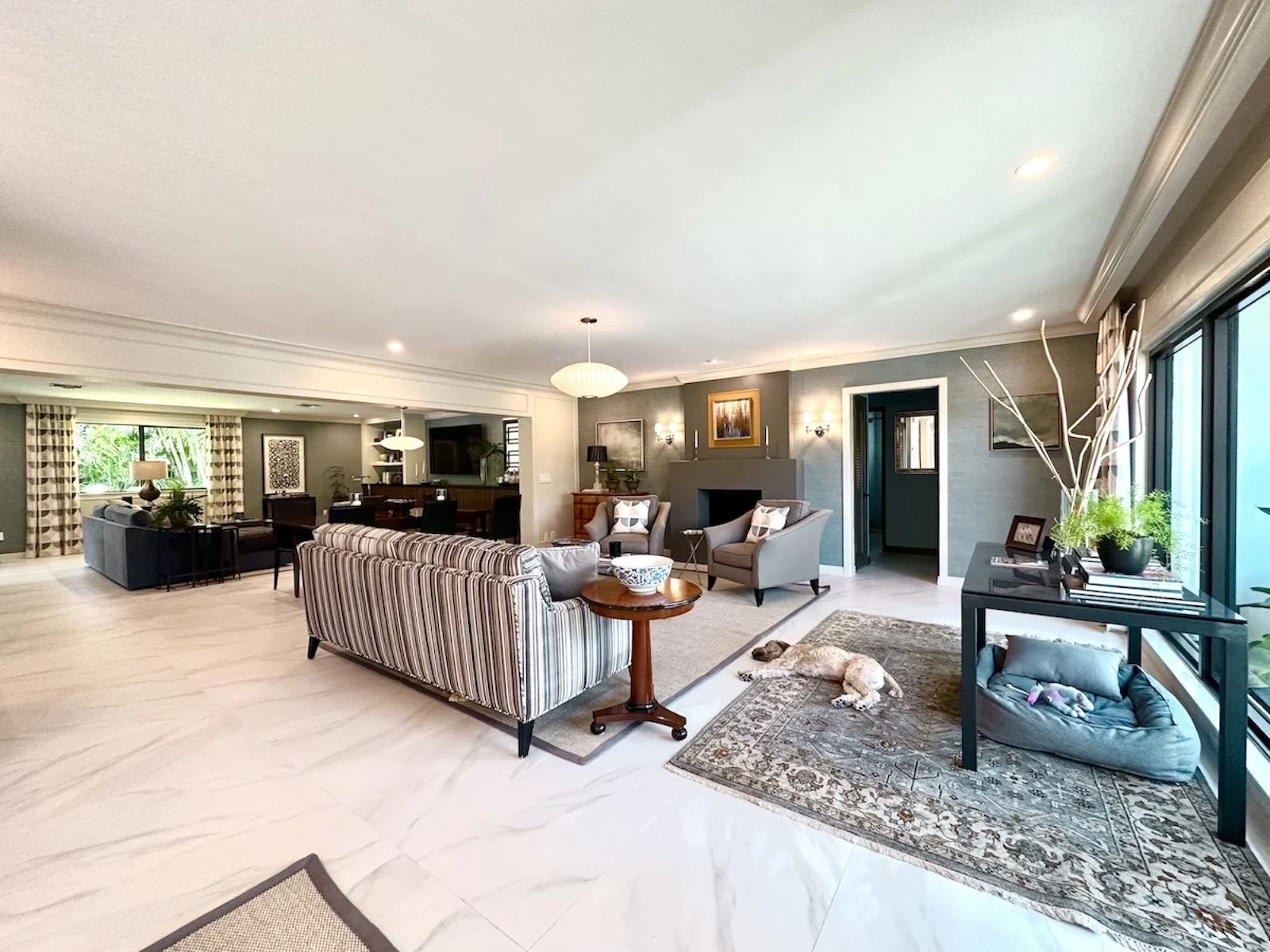 Traditional Modern great room designed with contemporary furnishings and architectural details