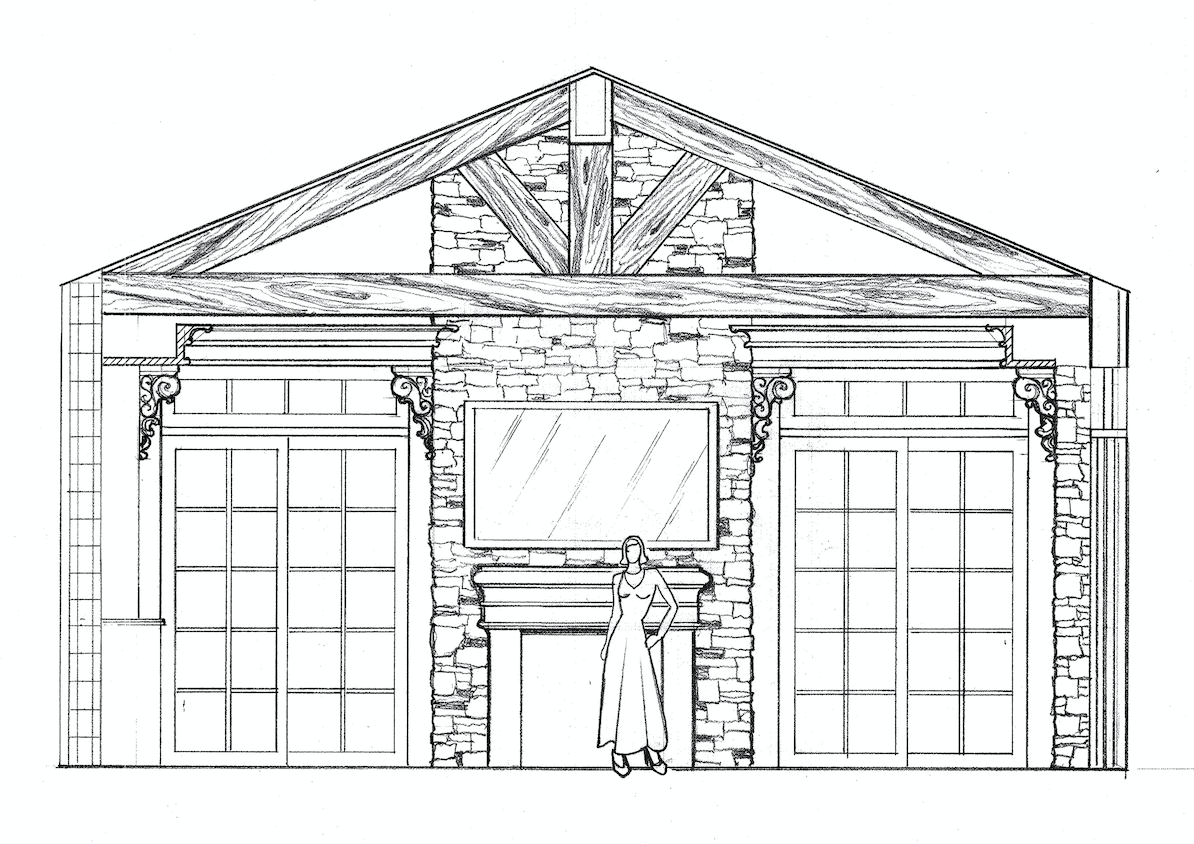 mediterranean architecture elevation of stone fireplace with wood beam ceiling in Boca Raton
