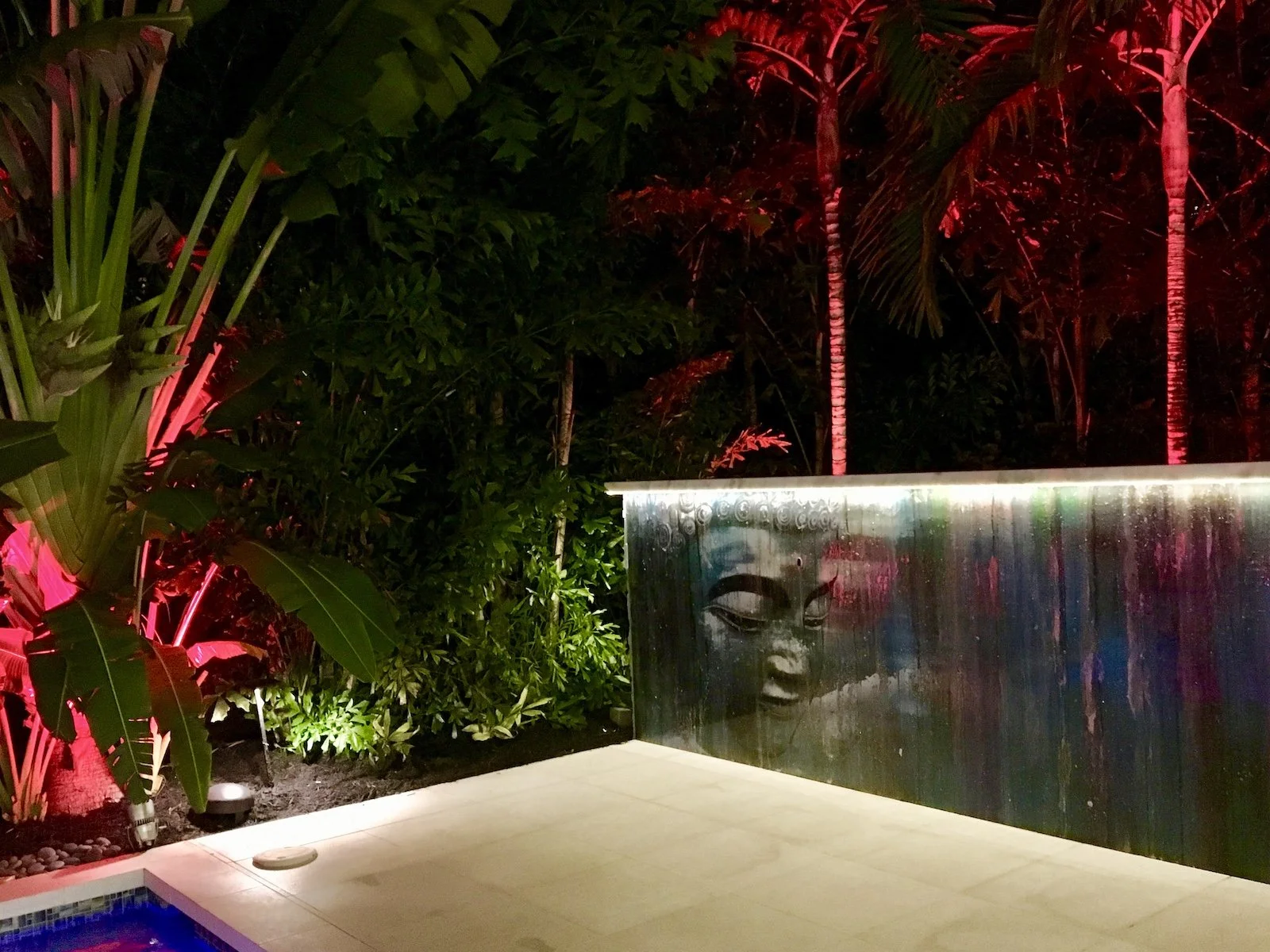 Tropical Balinese style garden with large Buddha artwork and LED lighting in Fort Lauderdale