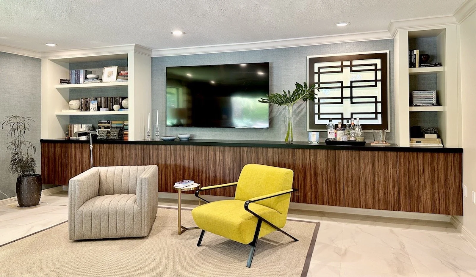 modern family room with mid century wall unit has traditional and furnishings