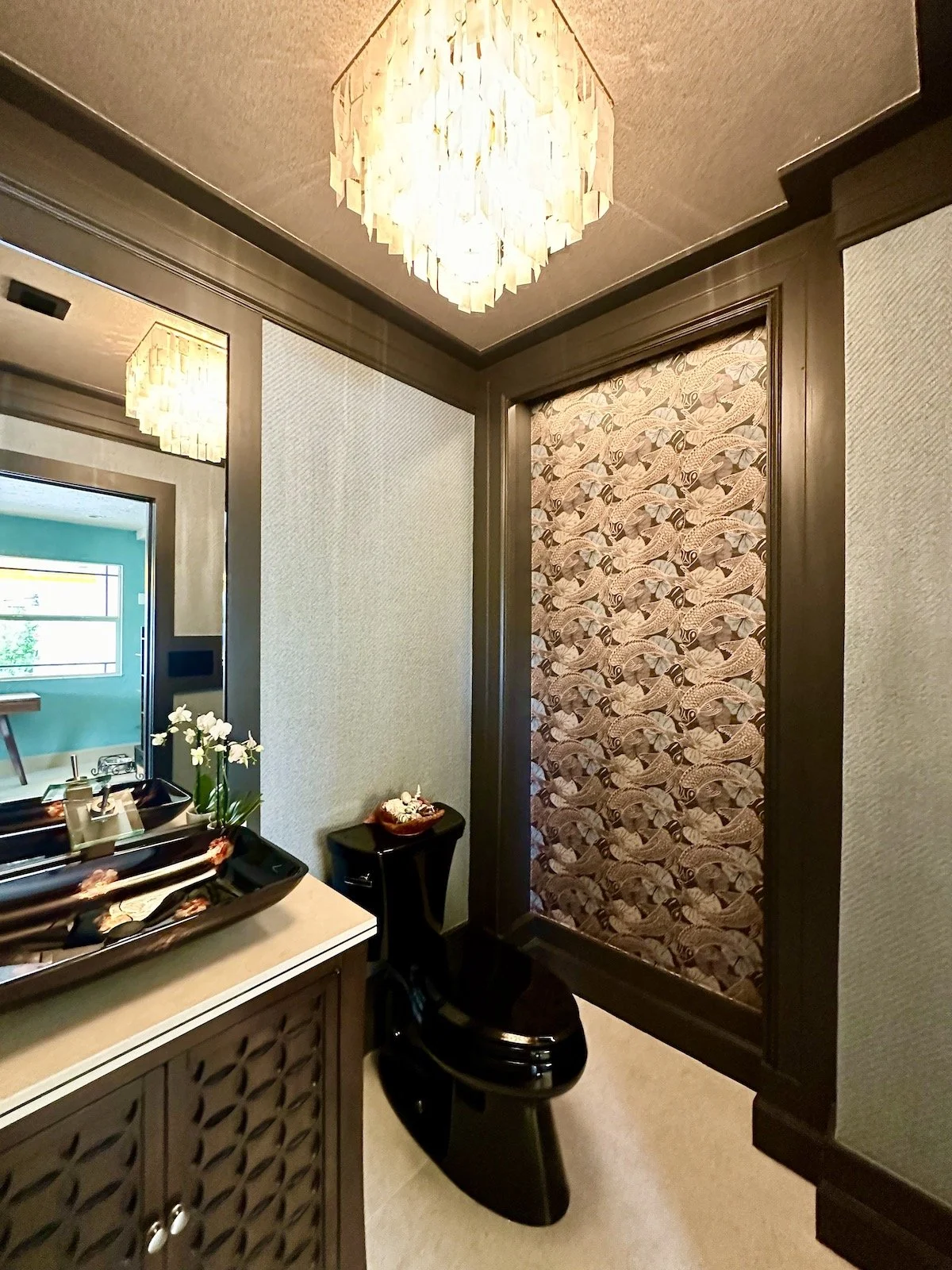 luxury Tropical bathroom remodel with black toilet, wallpaper on walls and ceiling with dark wood