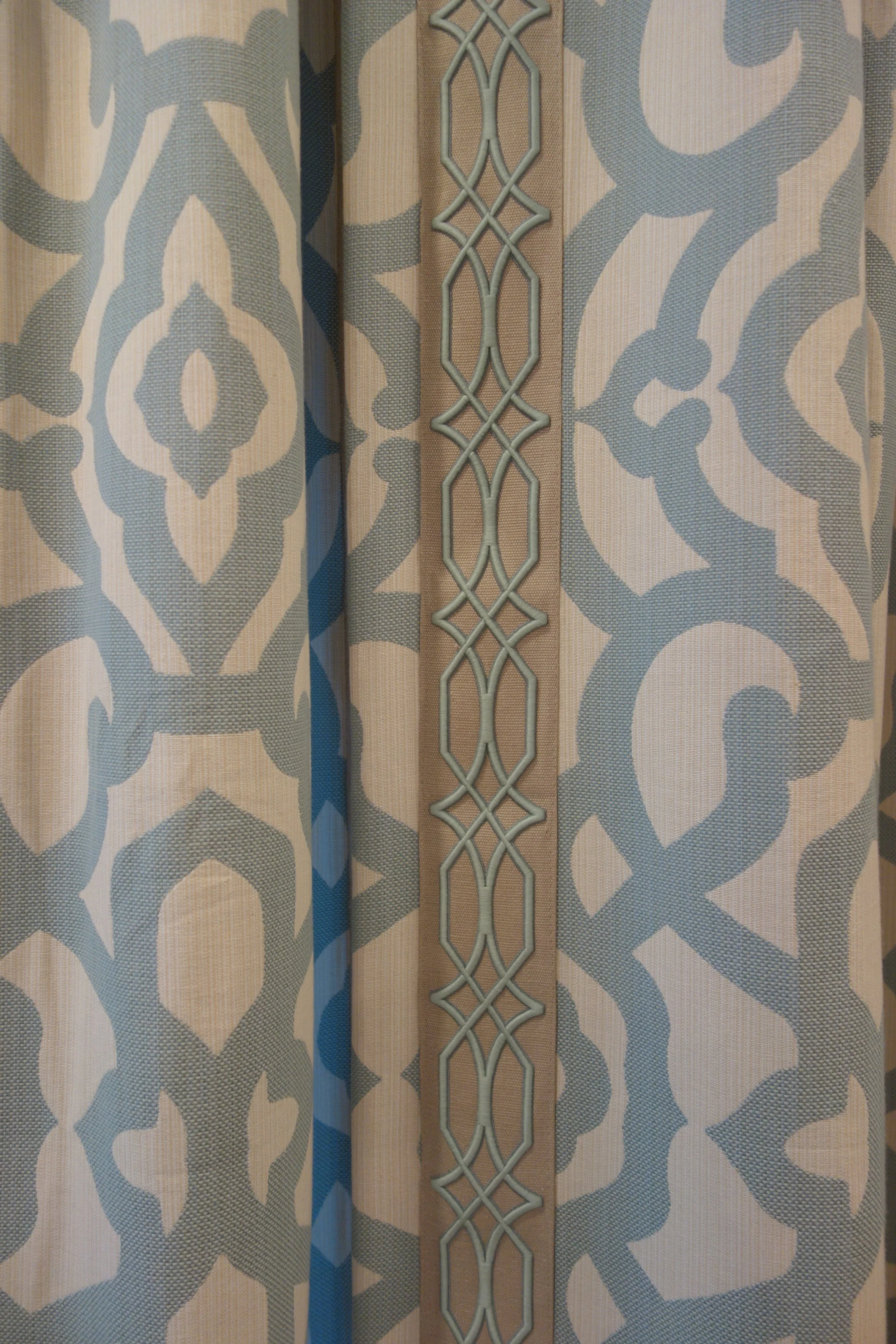 British Colonial Bahamas Style aqua and tan drapery