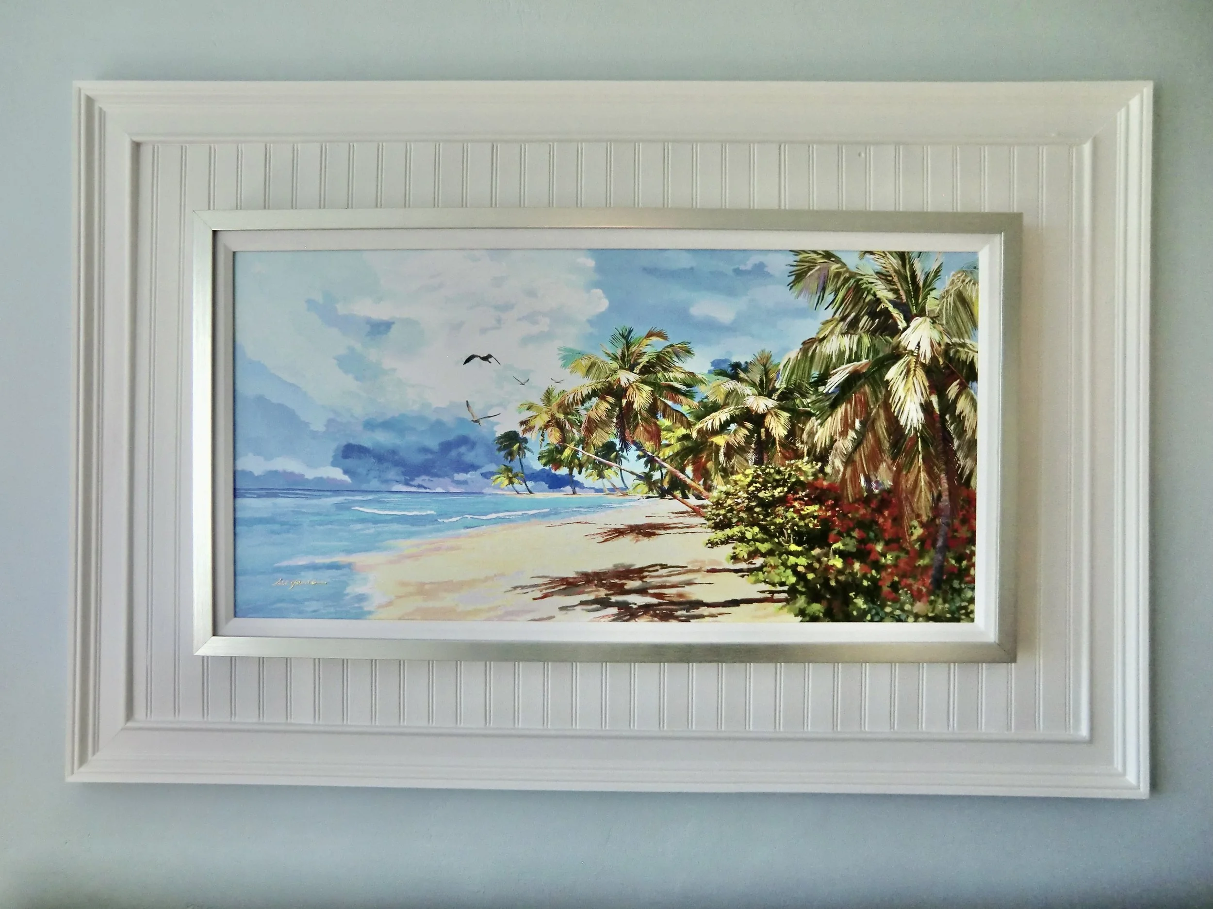 tropical modern artwork with custom headboard frame at Ocean Reef Club