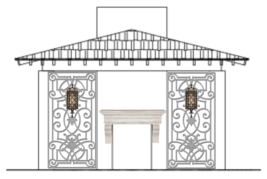 architects drawing of Mediterranean stone fireplace and wrought iron panels