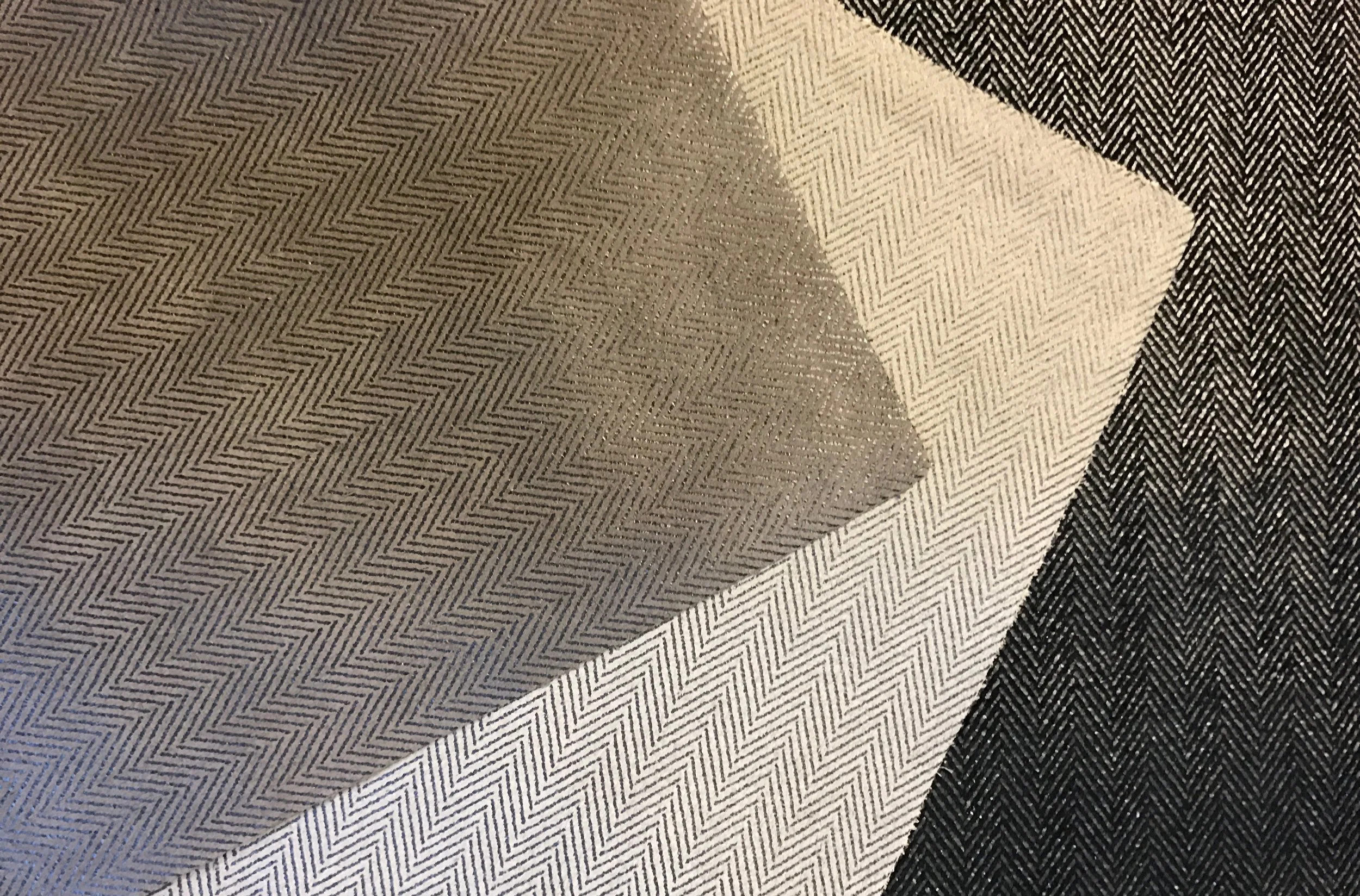NEW! Small Herringbone collection. available in Smoke, Cream & Black Suede with matte finish metallic tone on tone.