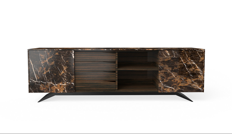 Trigono Sideboard in Black Gold Marble and Ebony wood