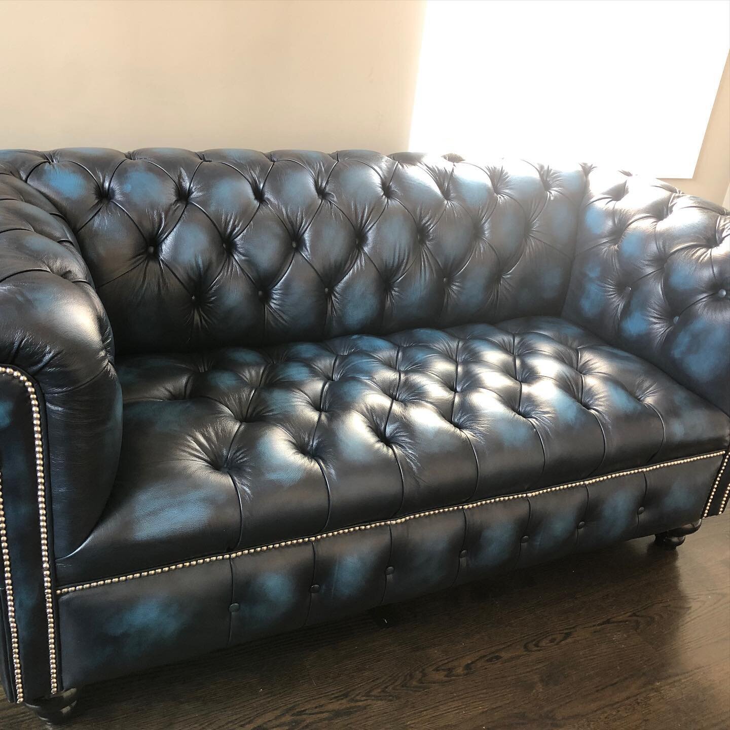 Our Windsor 2 seater sofa plus 6&rdquo; width in Antique Blue Leather #happycustomer