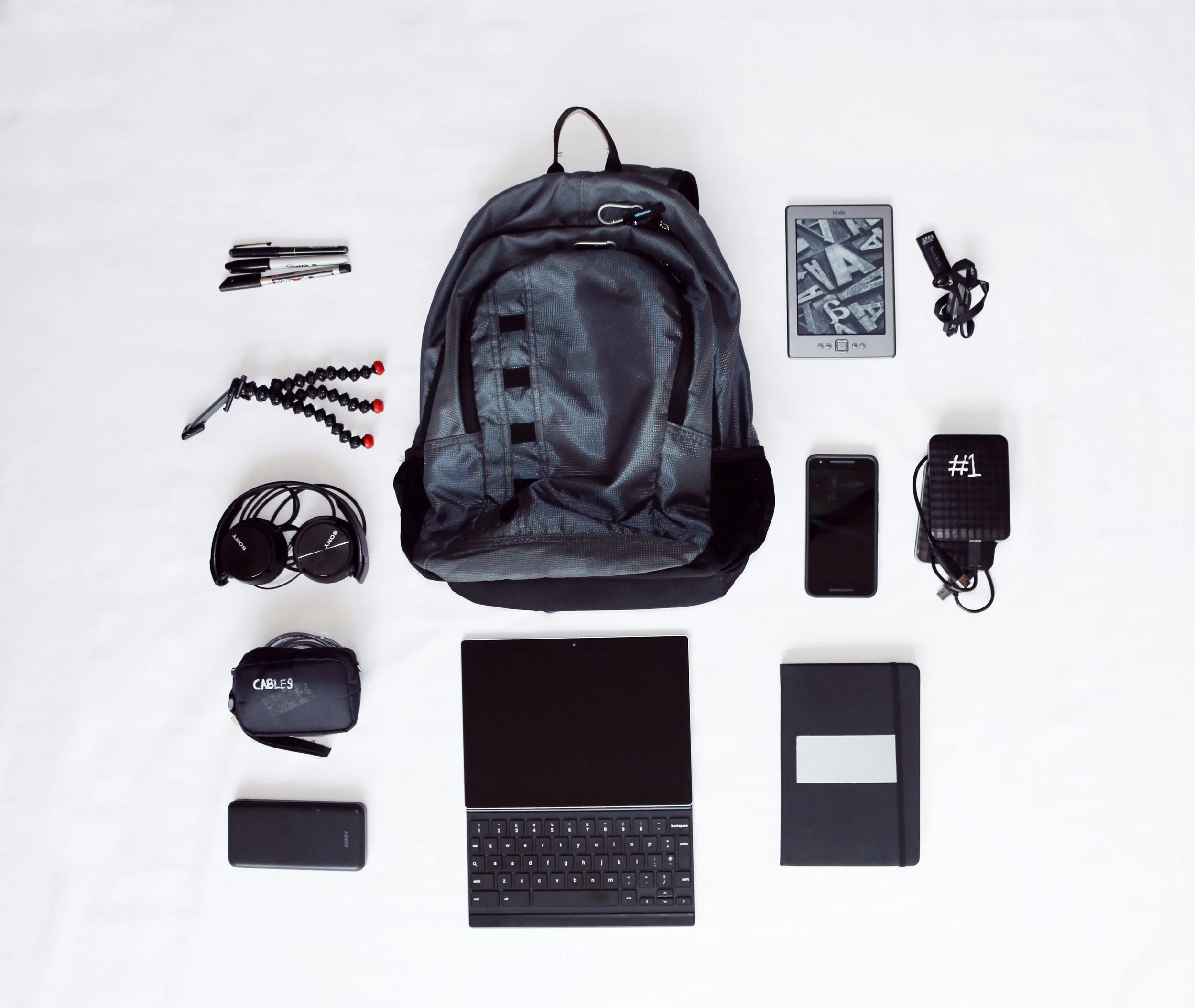backpack and its content layed out for display