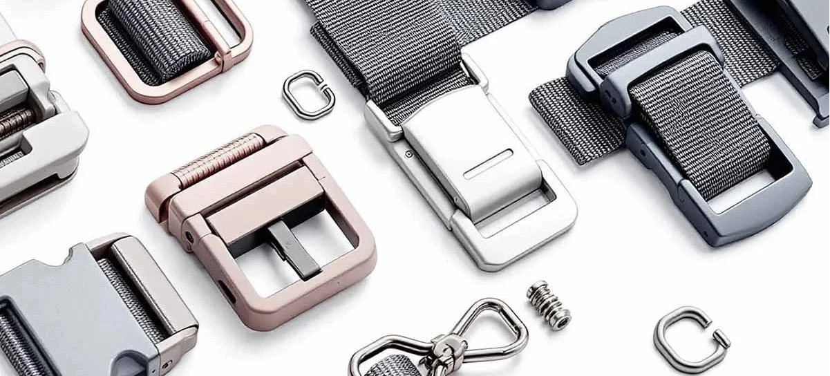Product photography photo of various buckles for backpacks on a white background
