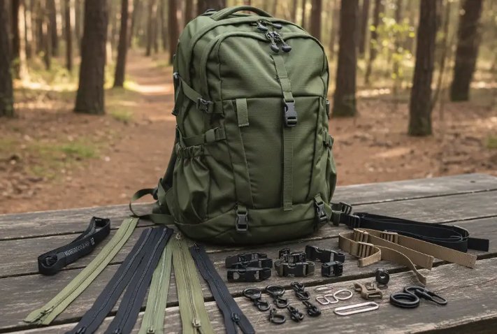 Product photography photo of a green rugged outdoor backpack with an assortment of backpack hardware layed out on a table showing various zippers and buckles