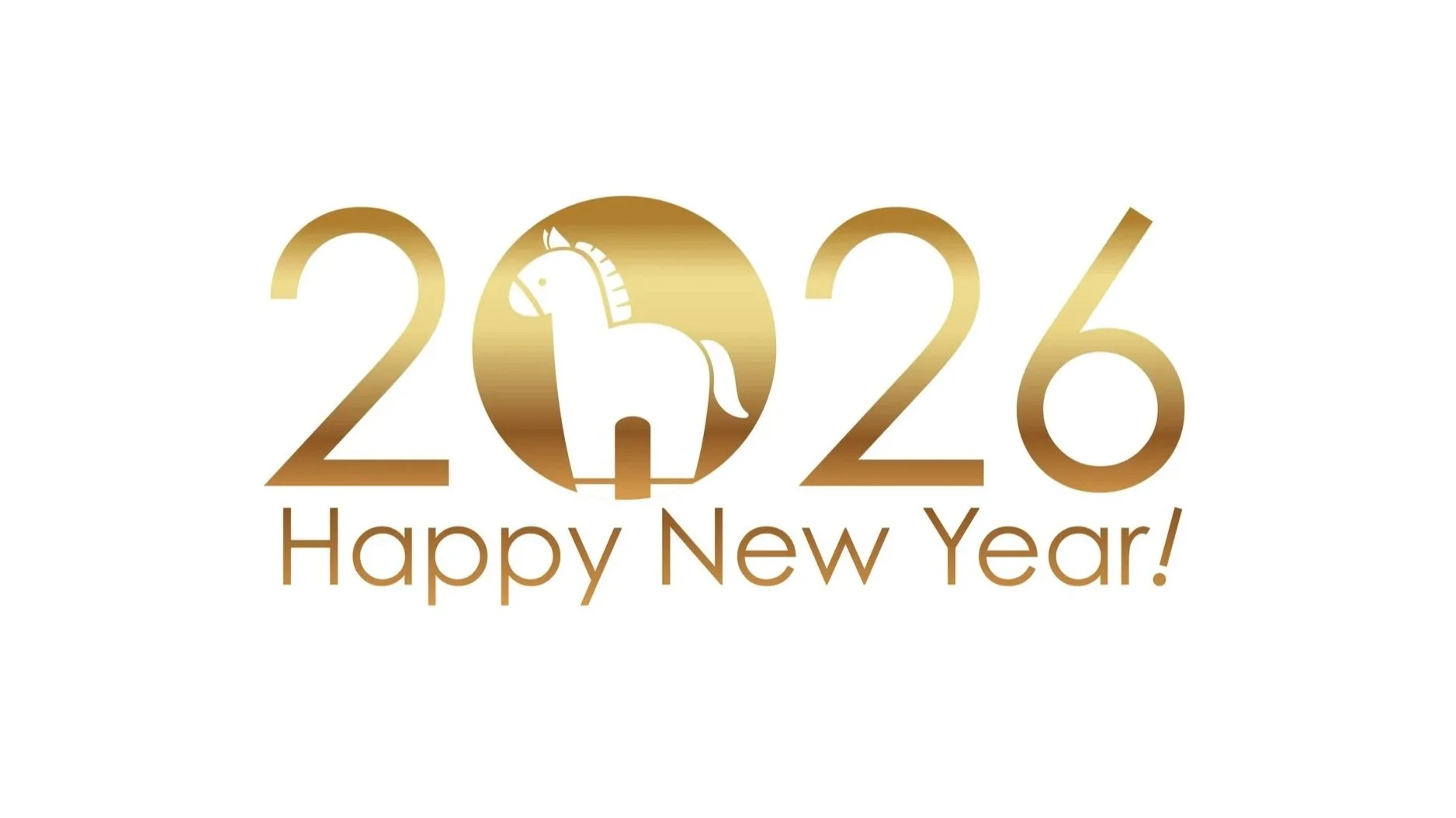 image of 2026 happy new year in gold text with the 0 having the cutout of a horse in it