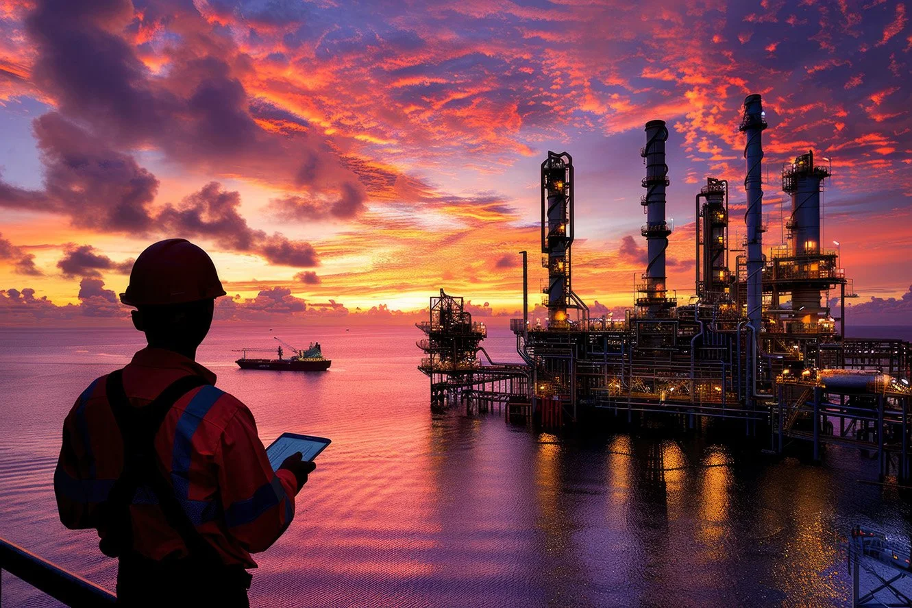 Image of a man overlooking an oil refinery
