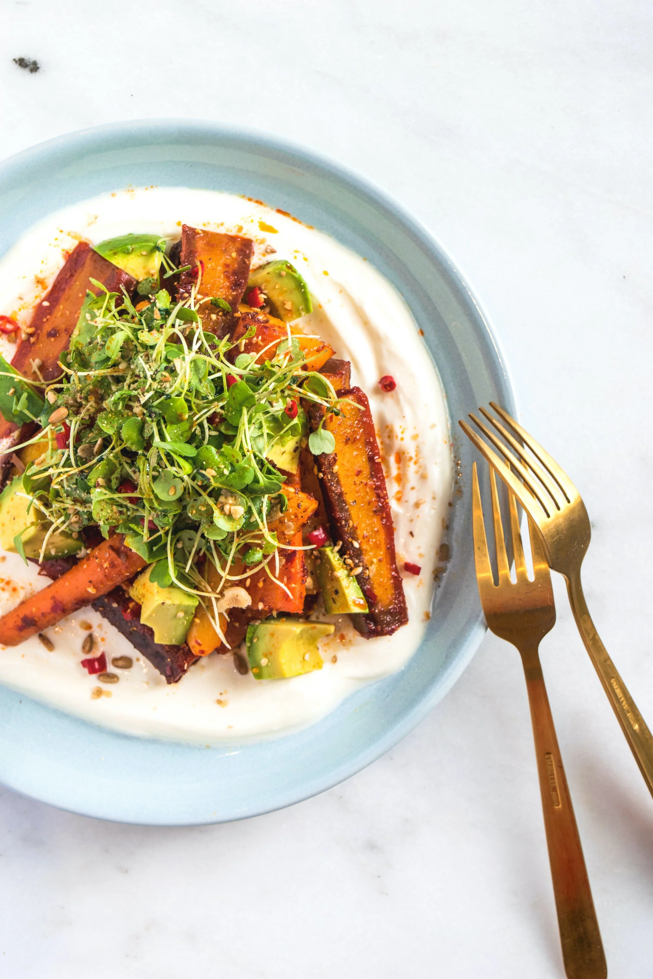 roasted carrot and avocado salad with yoghurt
