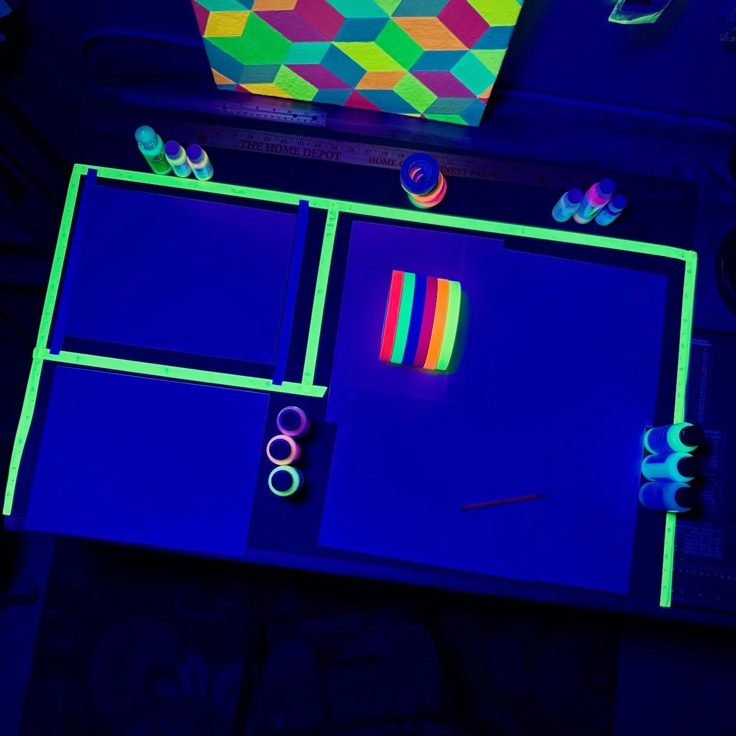 New project in the works. This idea kept me up most of the night. Unfortunately, I was out of @bluebellicecream 
Go ahead, trip out a lil. Let it burn.
🌜🖌️🍨
.
.
.
#artinprogress #makesomething
#studiovibes #blacklight 
#staycreative
🍰