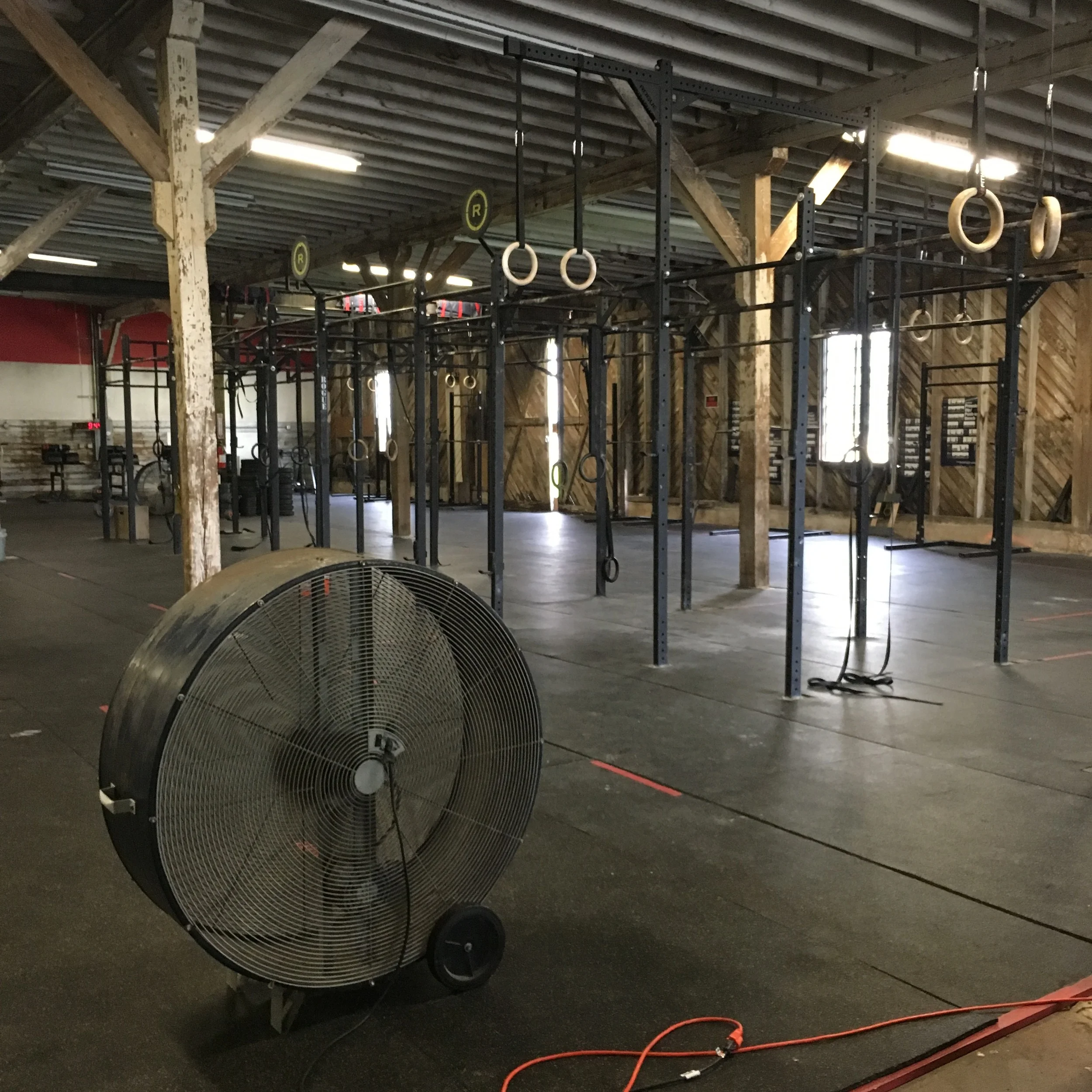 From inside CrossFit NoLa 504. My best friend for the day: the giant fan. 