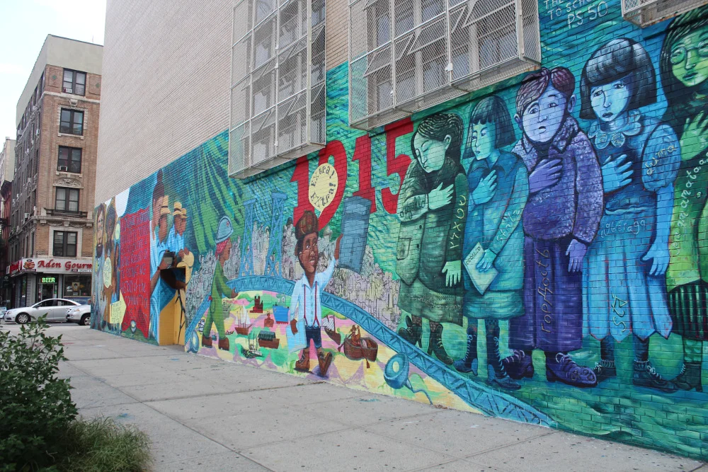 A massive canvas: the eastern wall of MS 50 with the mural in progress.