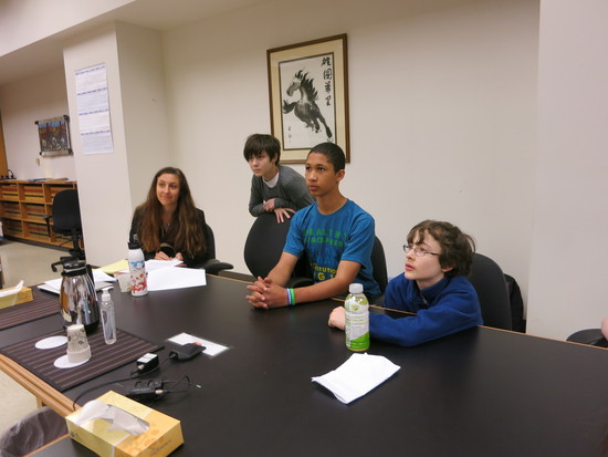 Attorney Andrea Rodgers with youth plaintiffs, Zoe Foster, Aji Piper, and Gabe Mandell, waiting for the judge's decision in King County Superior Court.