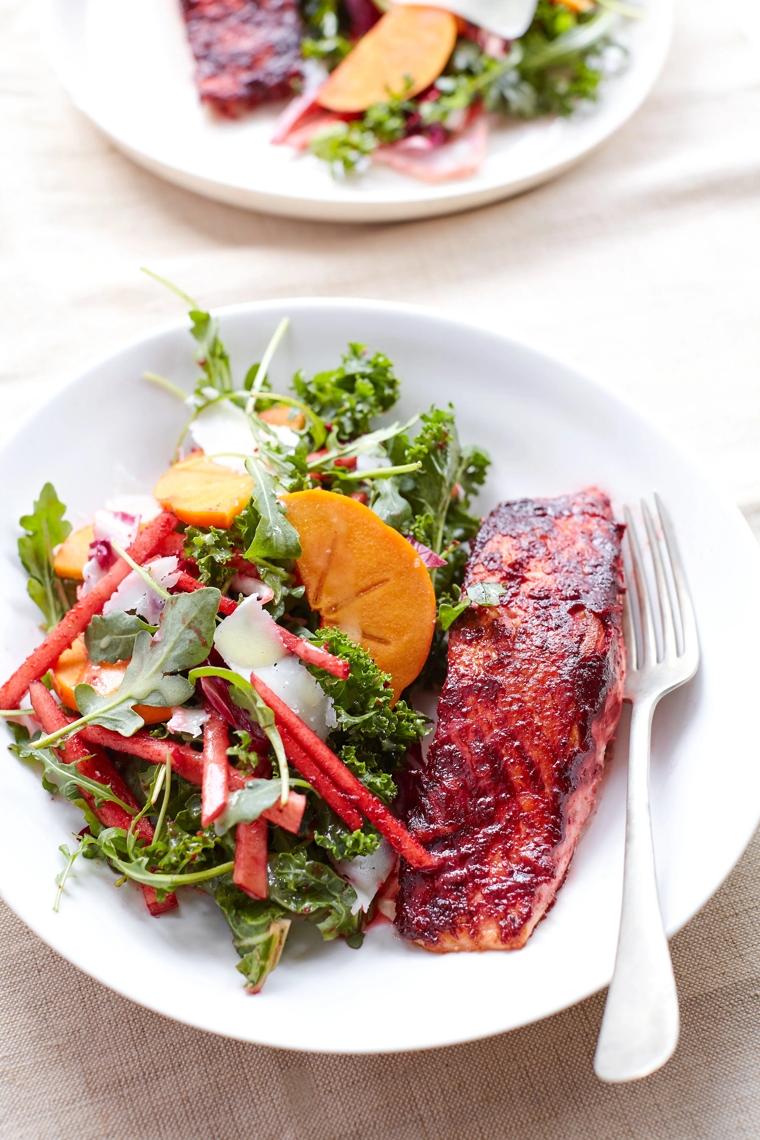 BEET HONEY MUSTARD SALMON WITH BEET STAINED-APPLE MATCHSTICK SALAD