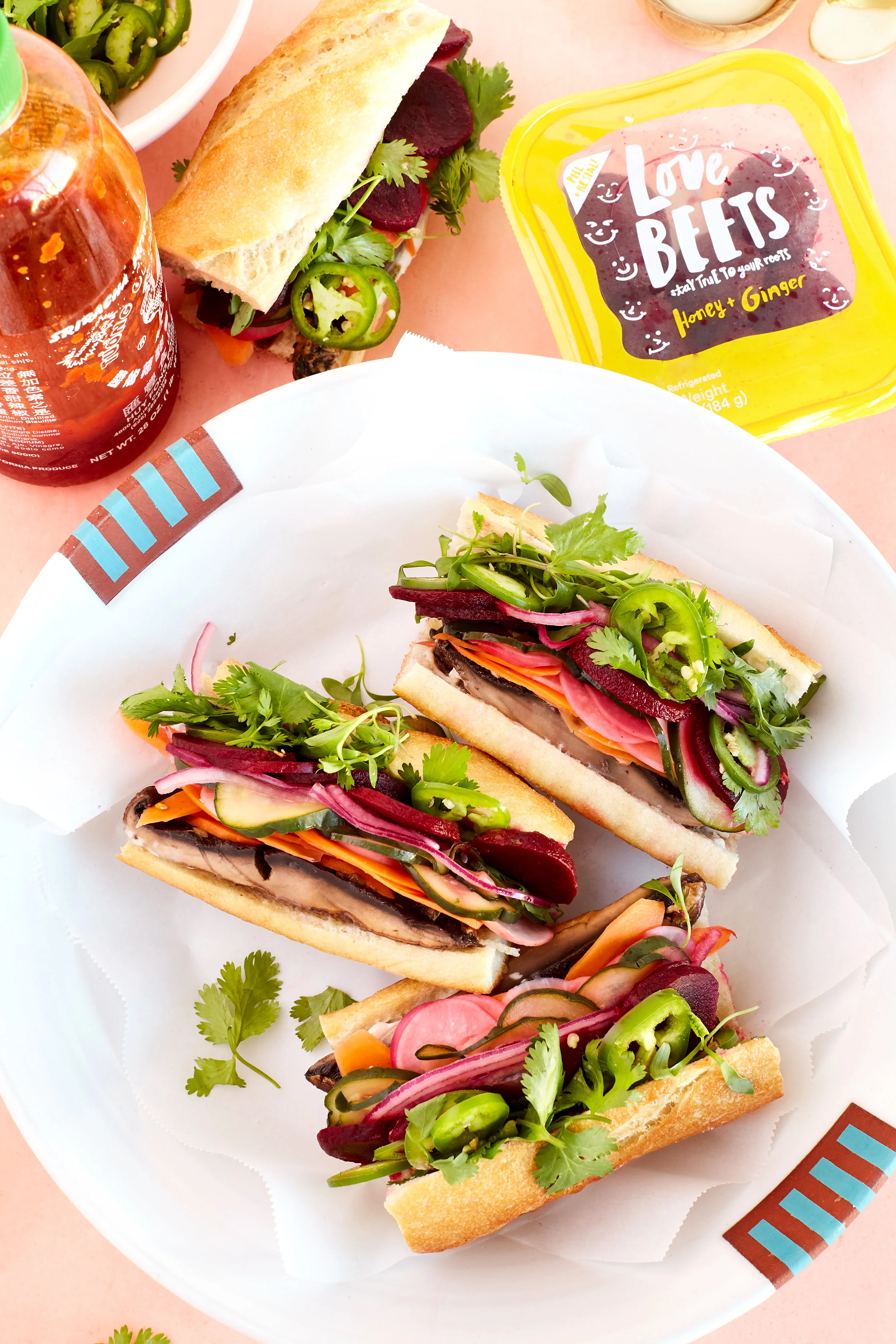 HONEY + GINGER BEET AND TAMARI ROASTED PORTOBELLO BAHN MI SANDWICHES