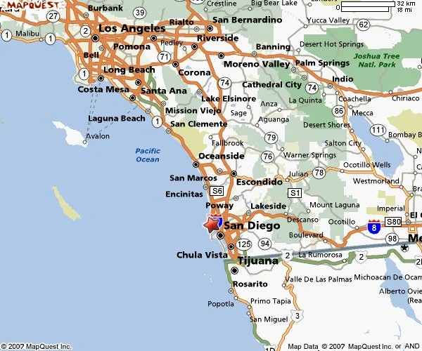 Riverside and San Bernardino are in the upper center on this map. Laguna Beach is about midway between Los Angeles and San Diego.