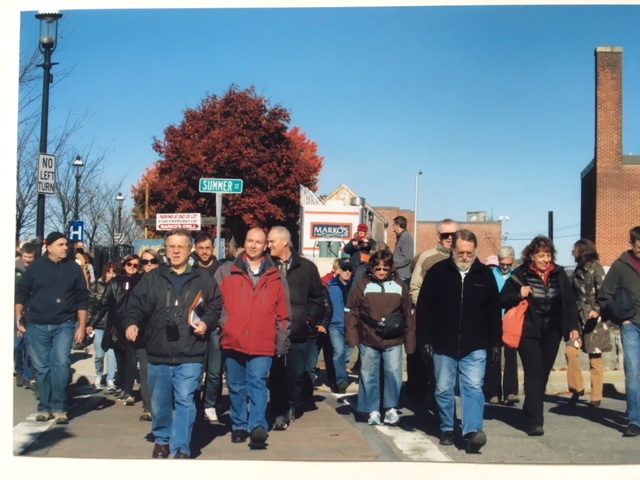 Leading a tour of the Lord Overpass area and South Common Historic District with Dick Howe, Jr., for the Lowell Walks series in 2015. 