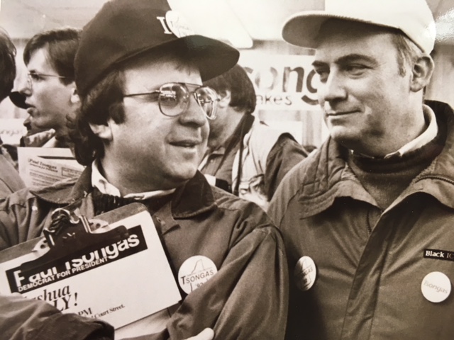  With Bill Lipchitz, right, at the Manchester, N.H. headquarters of the Paul Tsongas for President Campaign in 1992. 
