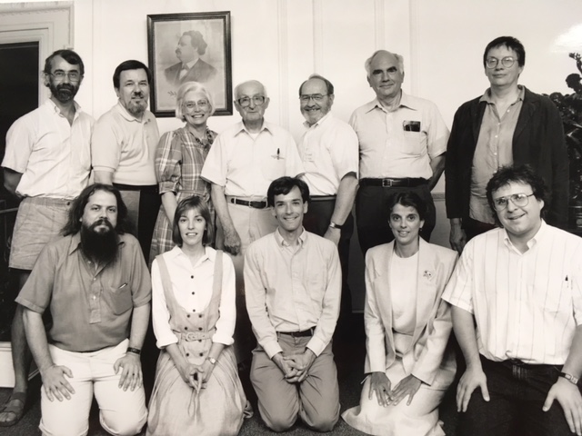 Gathering of Franco-American writers in Manchester, N.H., at the Franco-American Center, c. 1991. Top row, far left, Denis Ledoux; second from right, Arthur L. Eno; far right, Annie Proulx. Bottom row, far left, Robert Perrault; middle, Stephen Riel