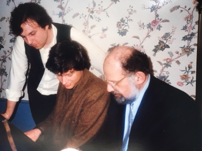 Finding a song at the piano with writer George Chigas, center, and poet Allen Ginsberg after the sold-out benefit reading at Merrimack Repertory Theater for the new Kerouac organization in Lowell founded by Brian Foye and others, 1986.