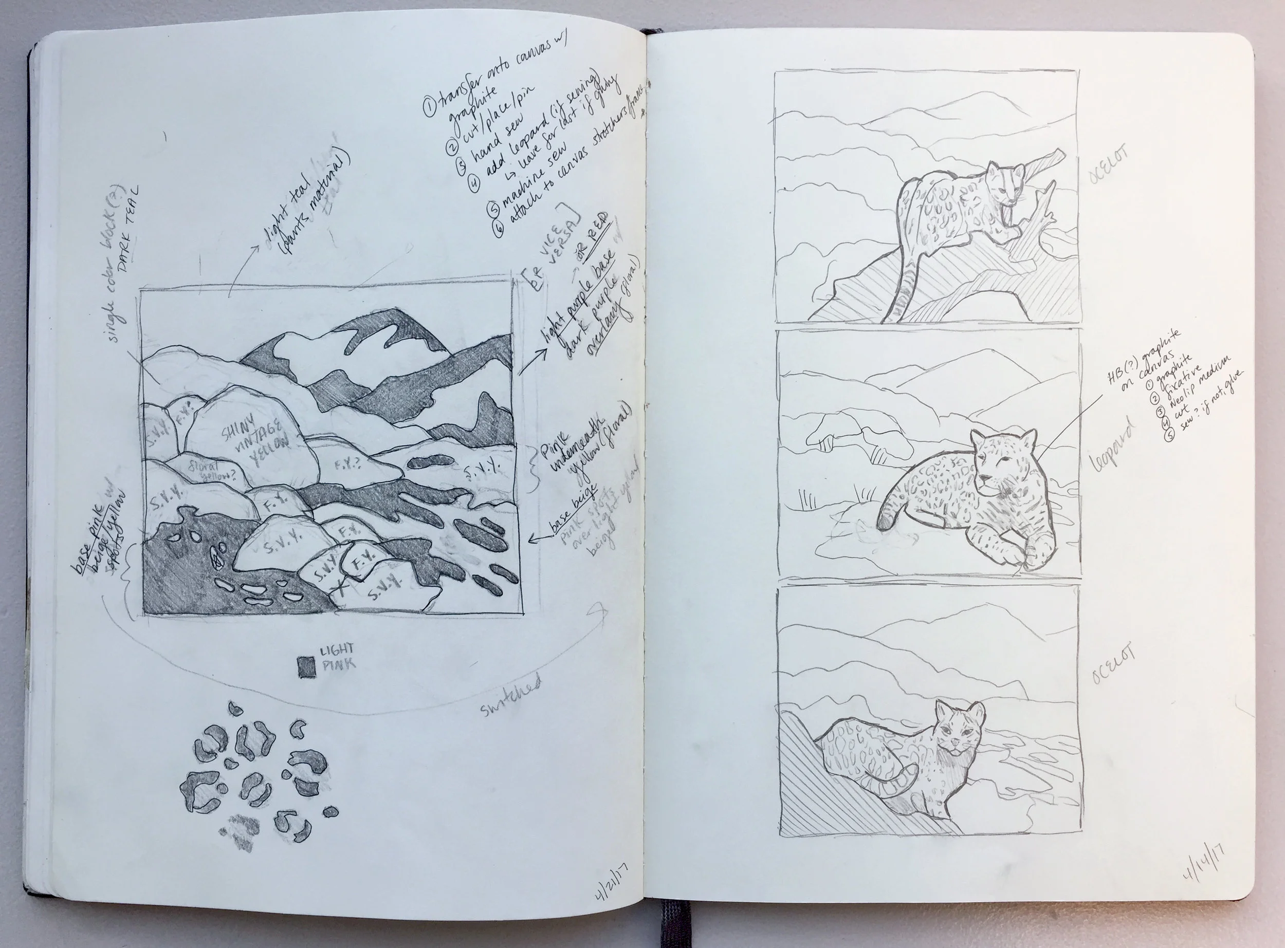 Beginning sketches where I mapped out the landscape and decided which piece of fabric I would use where. On the right page, you’ll see a few different compositions I was first considering.