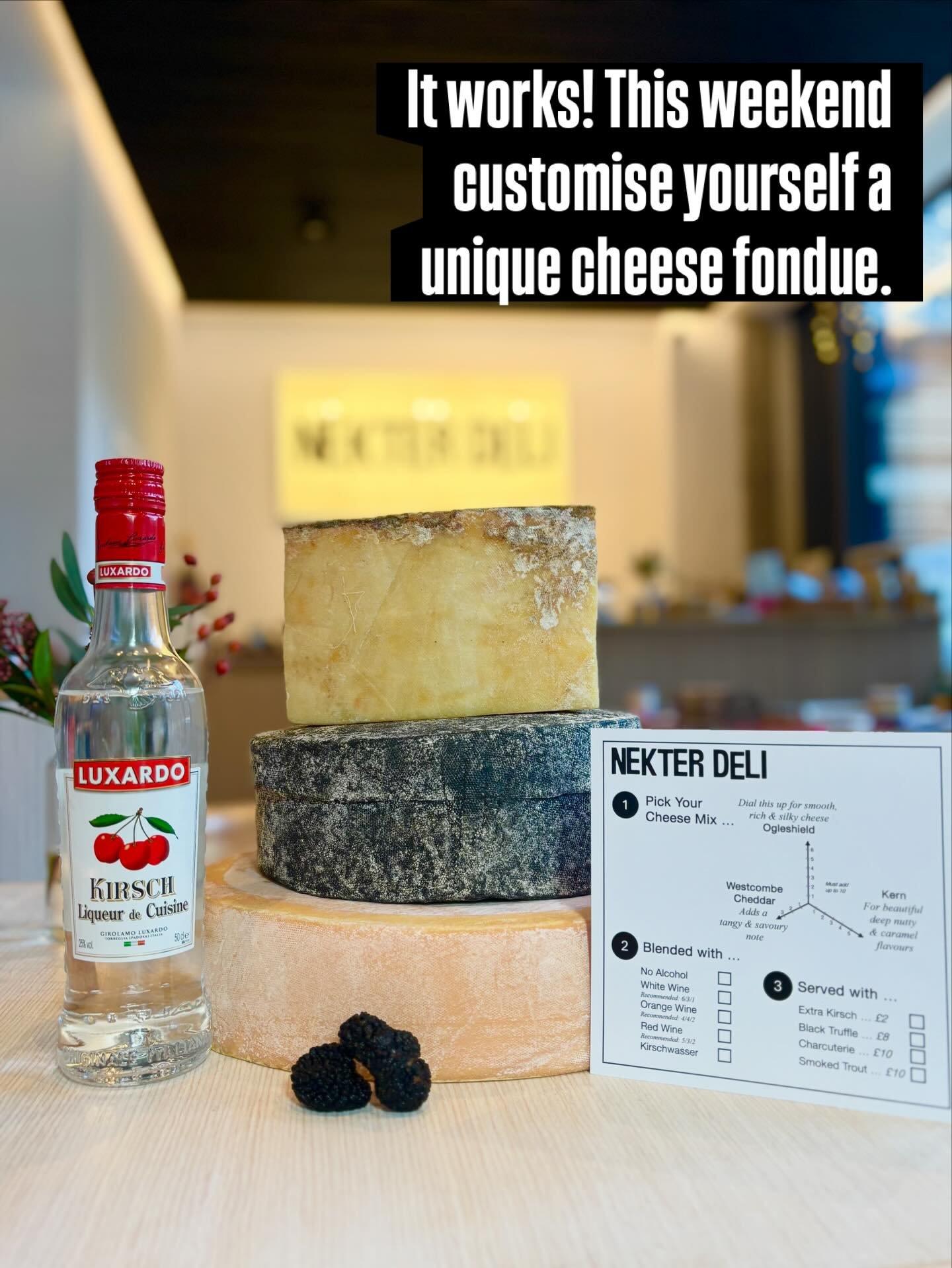 Fondue it yourself worked so well this week we&rsquo;ve had to order in a full wheel resupply!!

The best selection so far:

- 40/40/20
- orange wine
- truffle

IYKYK

#howdoyoufondue