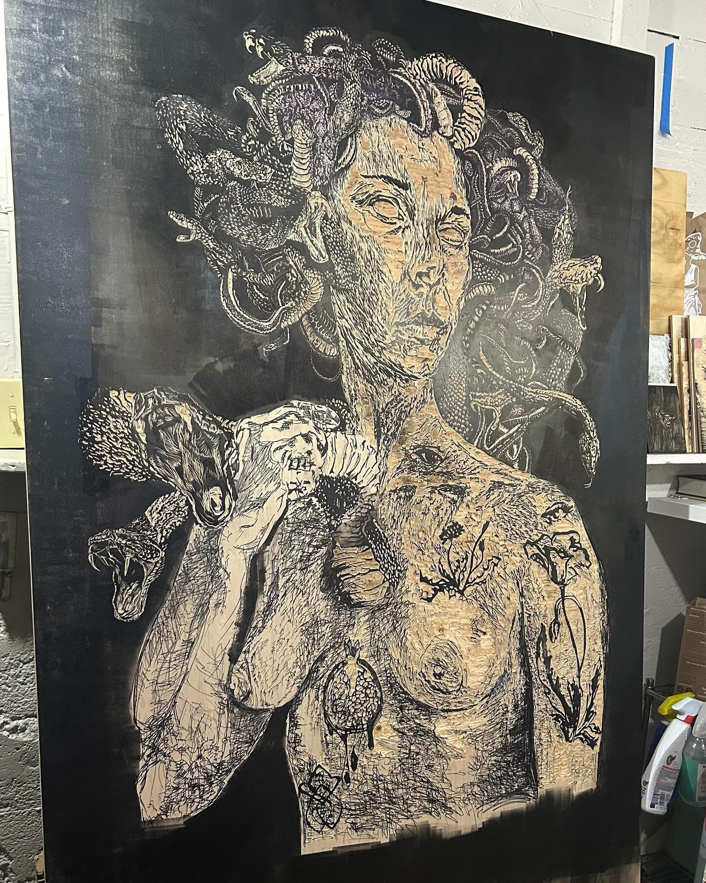 I&rsquo;ve been working on this piece for years now, beginning with a drawing in 2019. She&rsquo;s not complete yet, but I am getting sooo close. It&rsquo;s a 6ftx4ft tall woodcut and packed full of symbols. Much like my Shahrazad piece, it&rsquo;s a